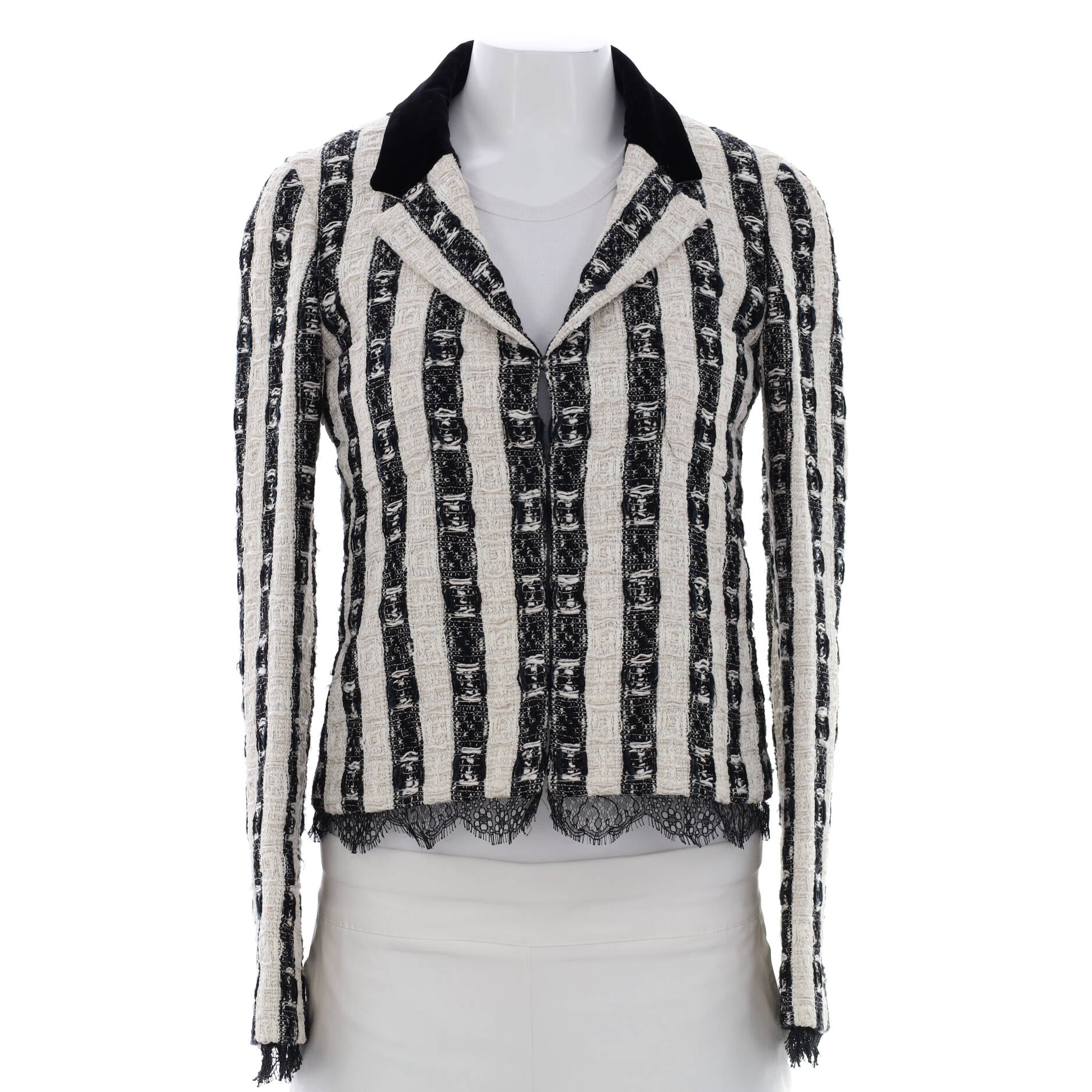 Women's Striped Collar Jacket Tweed with Scalloped Lace Detail