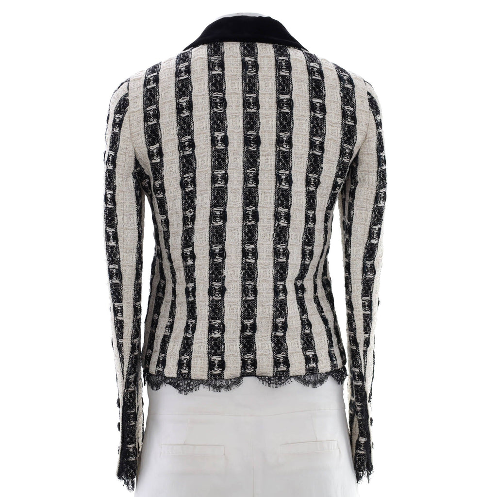 Women's Striped Collar Jacket Tweed with Scalloped Lace Detail