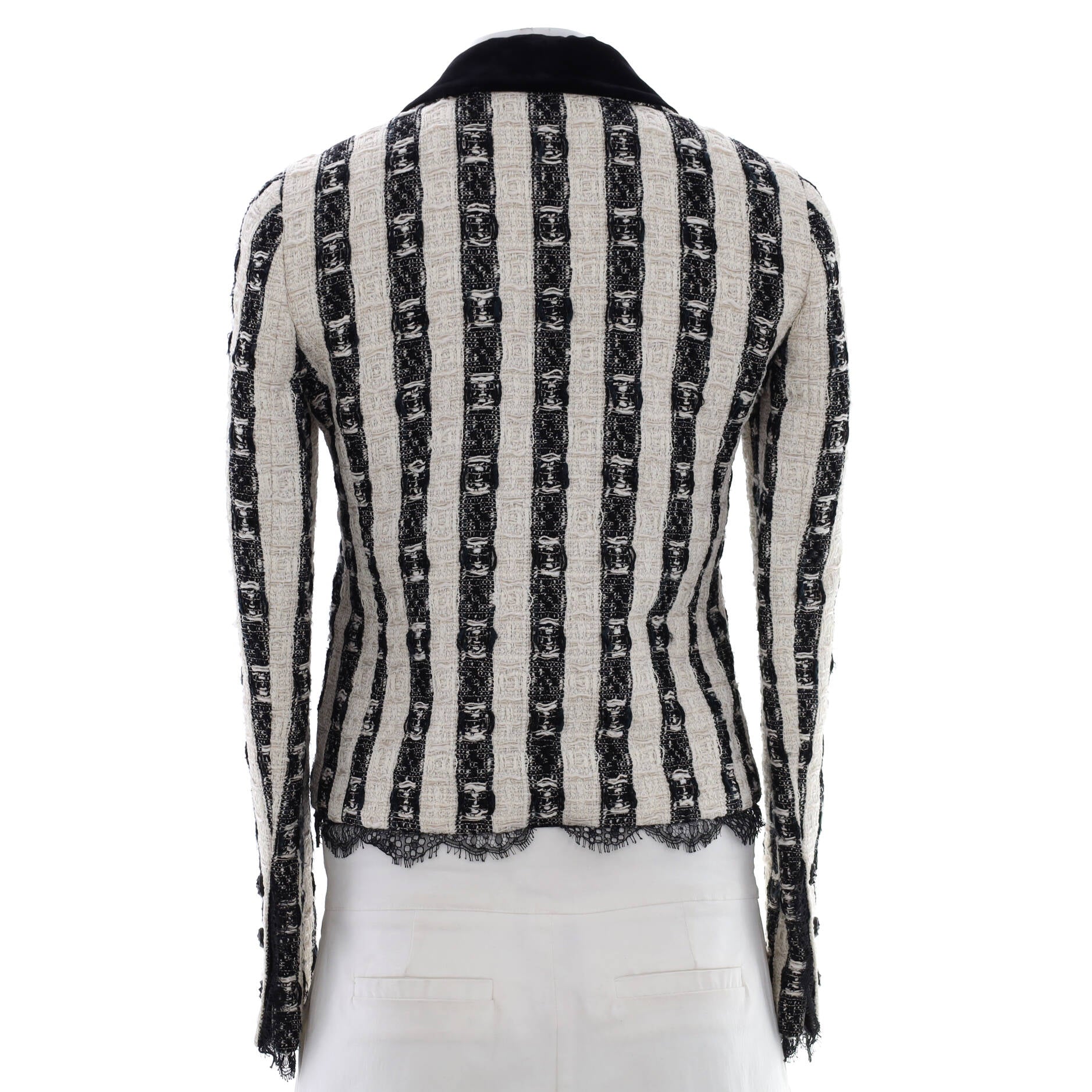 Women's Striped Collar Jacket Tweed with Scalloped Lace Detail
