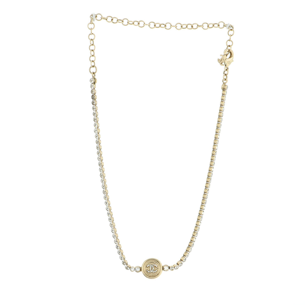 CC Round Button Choker Necklace Metal with Crystals