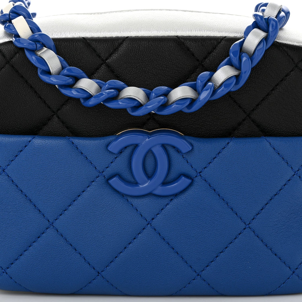 Shiny Lambskin Monochrome Chain Mini Camera Case Bag Blue Black Silver