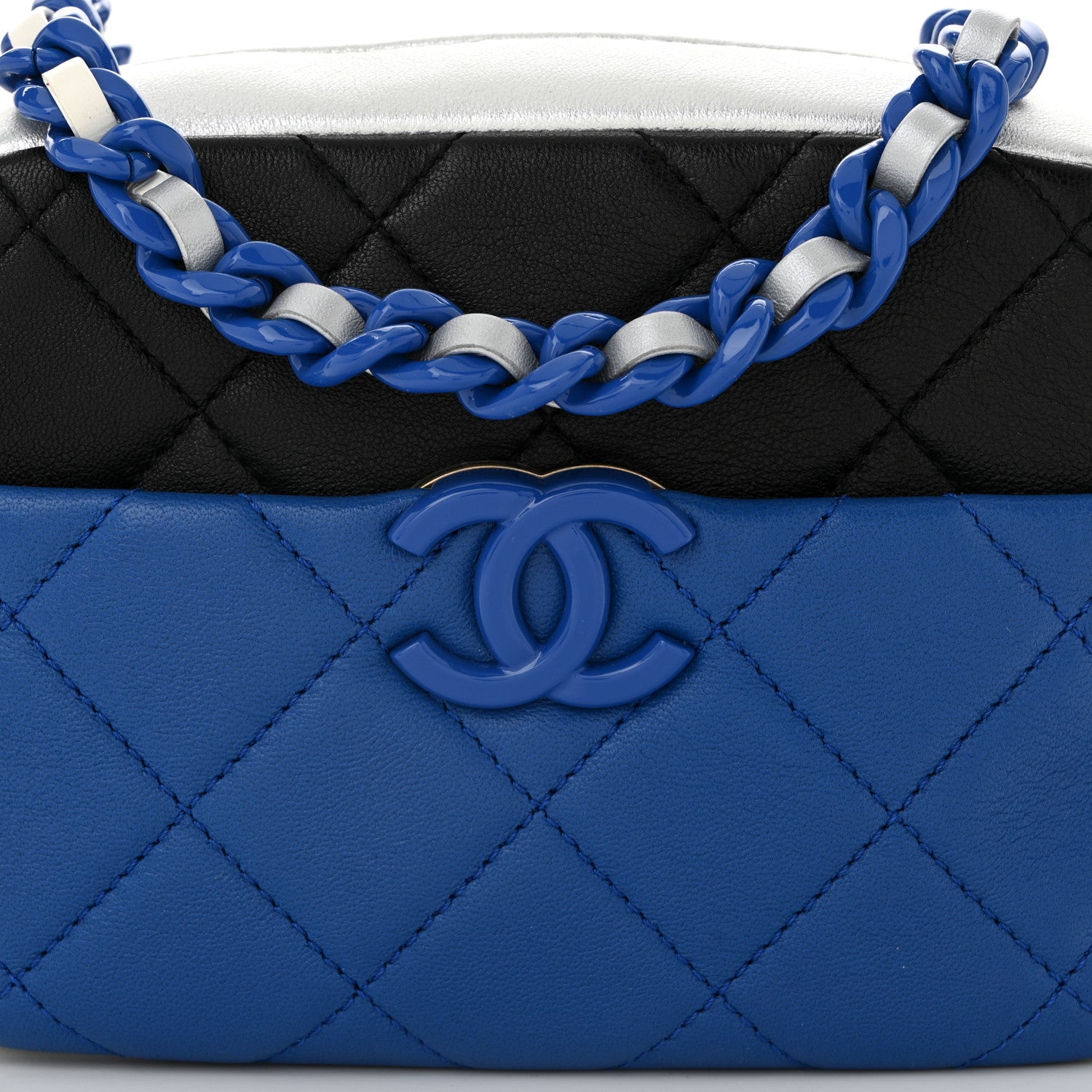 Shiny Lambskin Monochrome Chain Mini Camera Case Bag Blue Black Silver