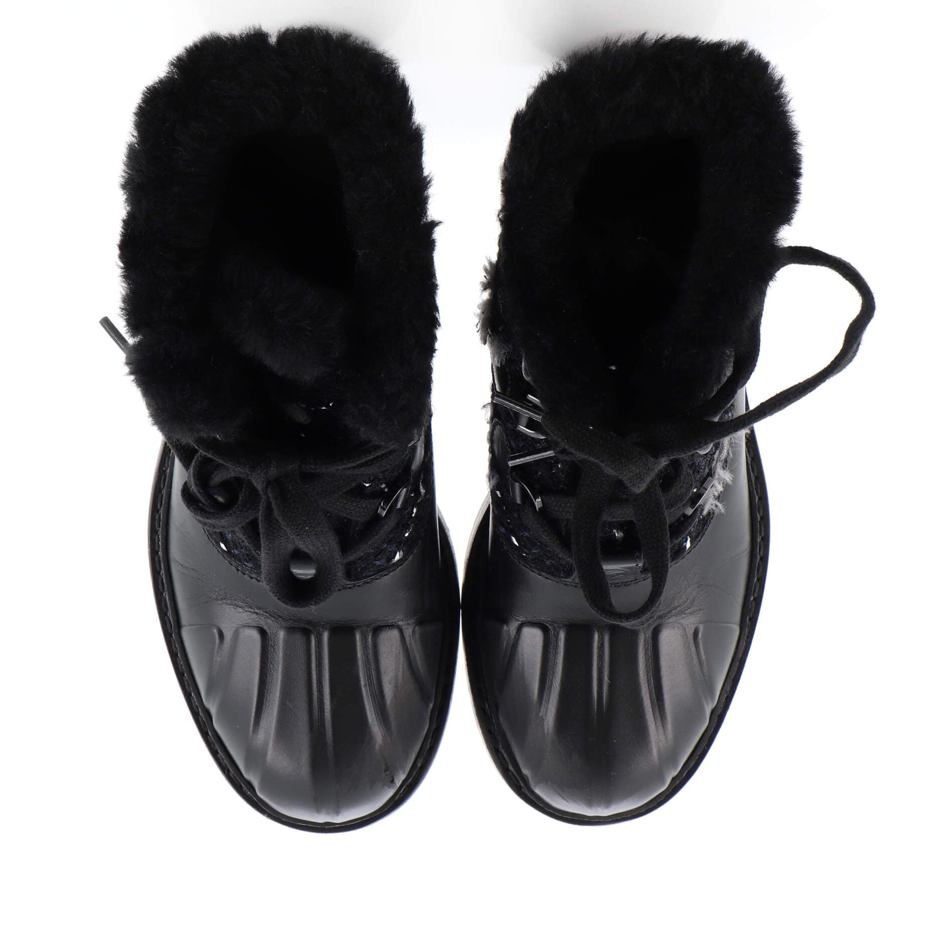 Women's CC Lace Up Combat Boots Leather with Tweed and Shearling