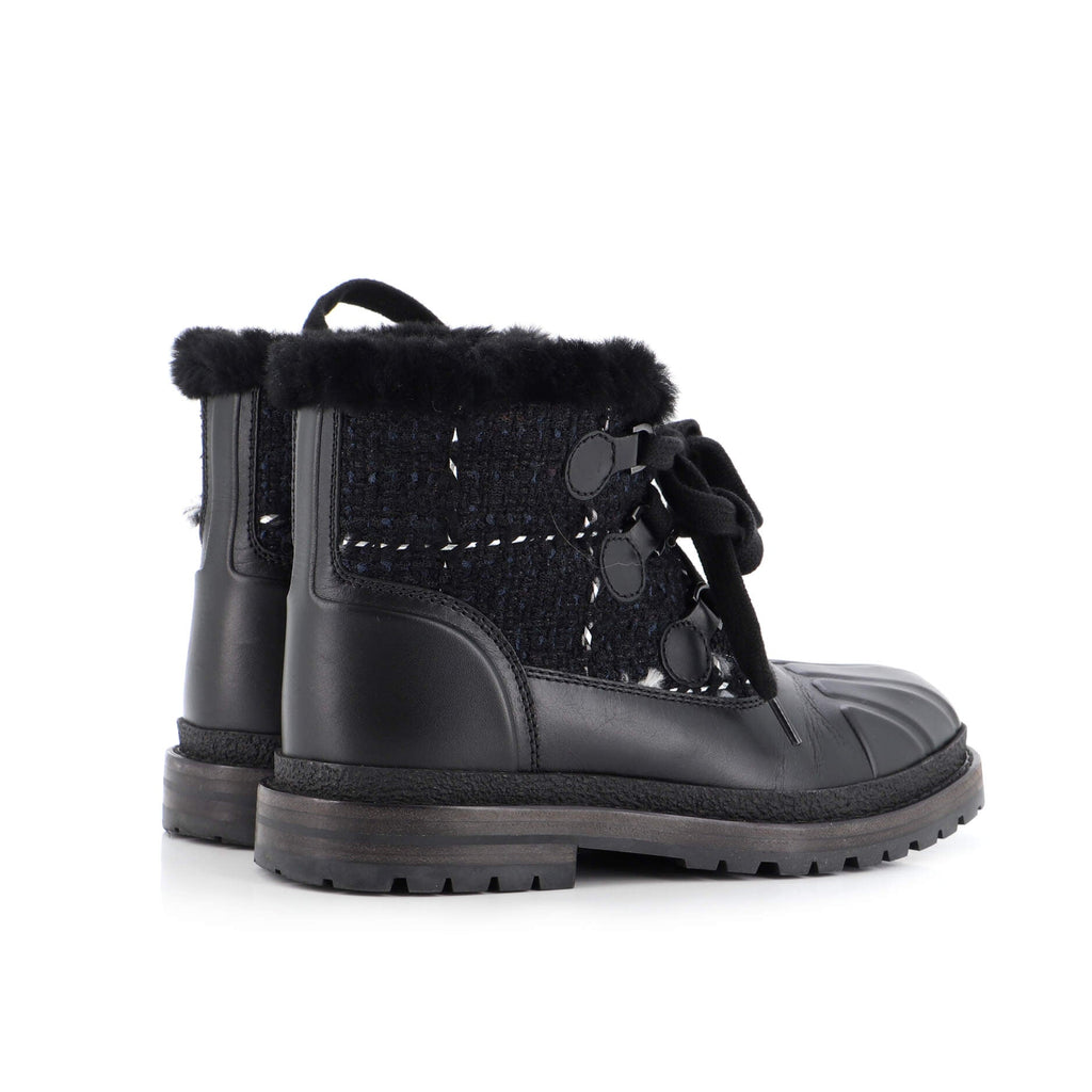 Women's CC Lace Up Combat Boots Leather with Tweed and Shearling