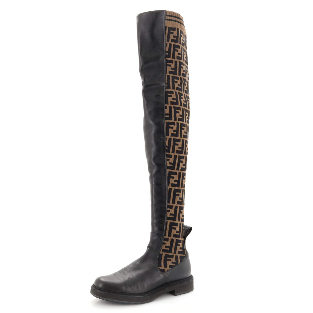 Women's Rockoko Thigh High Sock Boots Zucca Knit Stretch Fabric and Leather