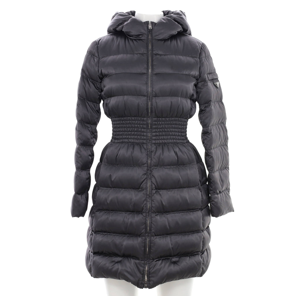 Women's Cinched Waist Hooded Puffer Coat Quilted Nylon with Down