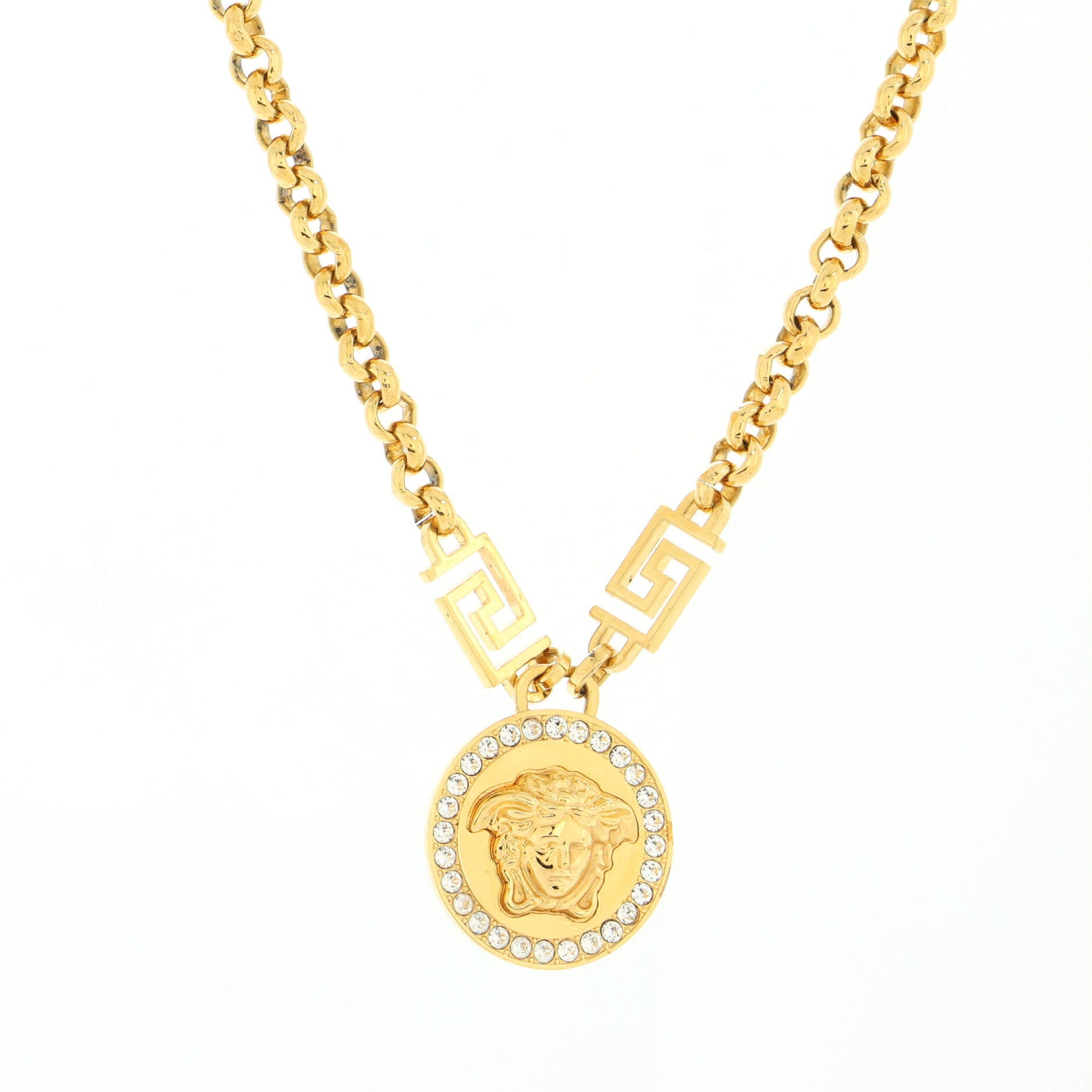Medusa Round Pendant Necklace Metal and Crystals Small