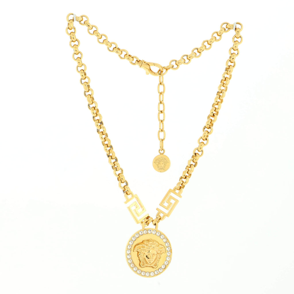 Medusa Round Pendant Necklace Metal and Crystals Small