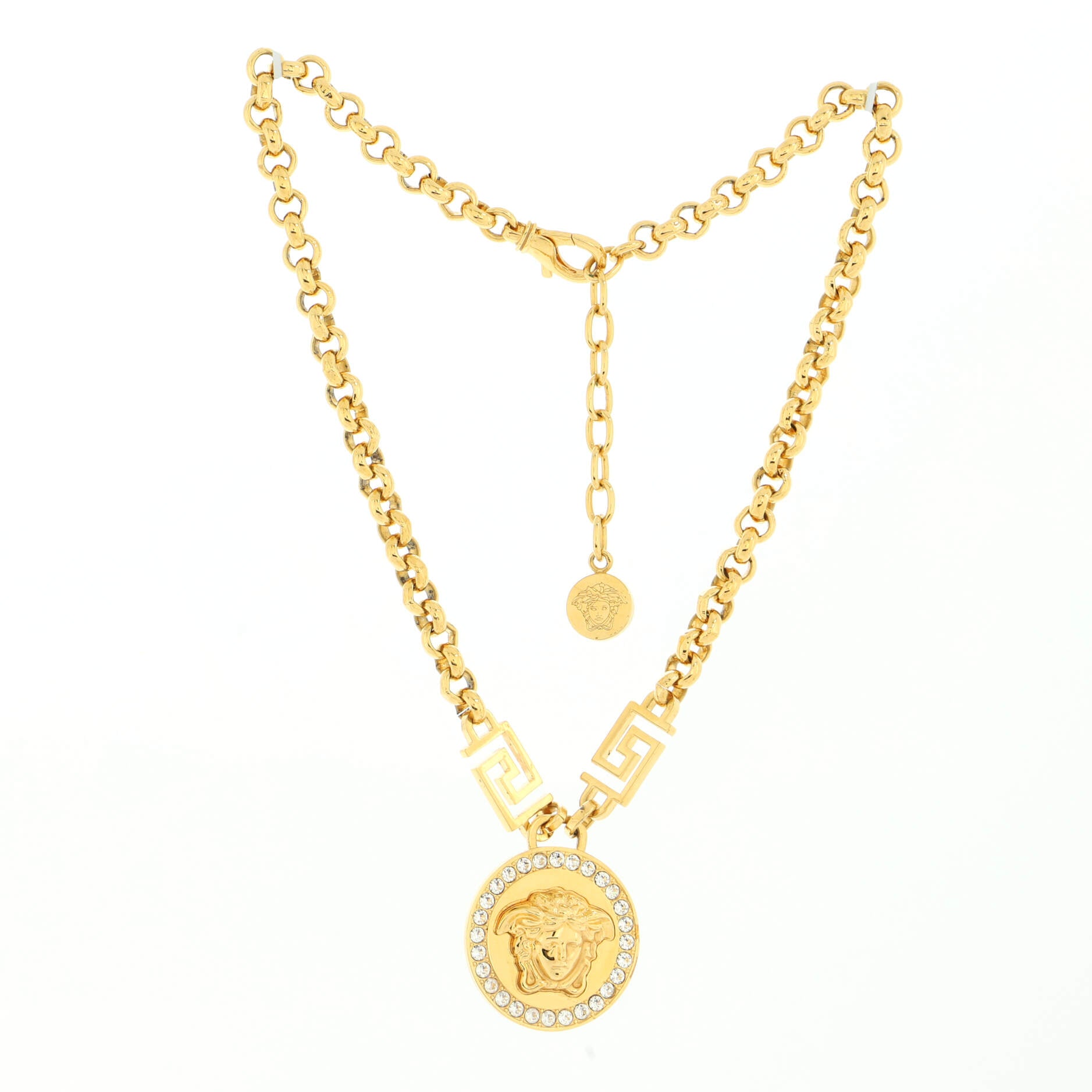 Medusa Round Pendant Necklace Metal and Crystals Small