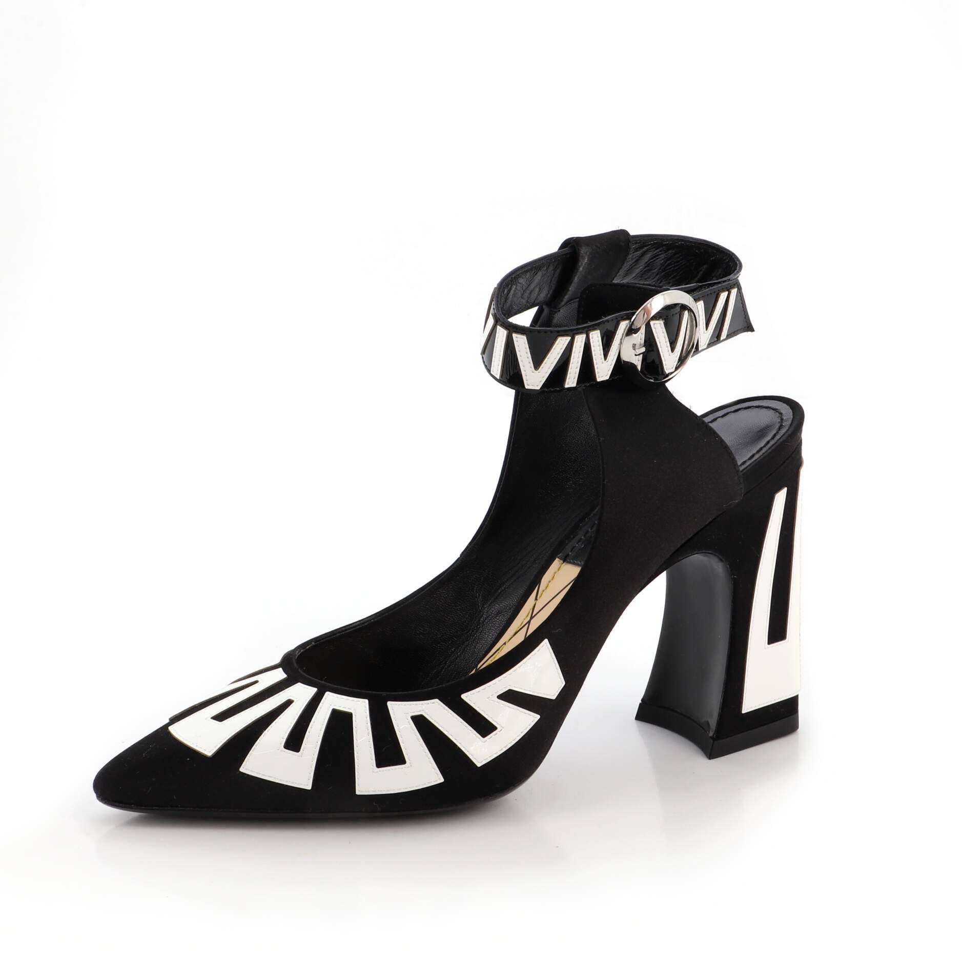 Women's Geometric Logo Ankle Strap Pumps Satin and Leather