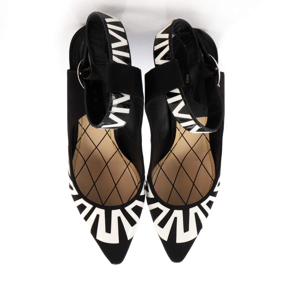 Women's Geometric Logo Ankle Strap Pumps Satin and Leather