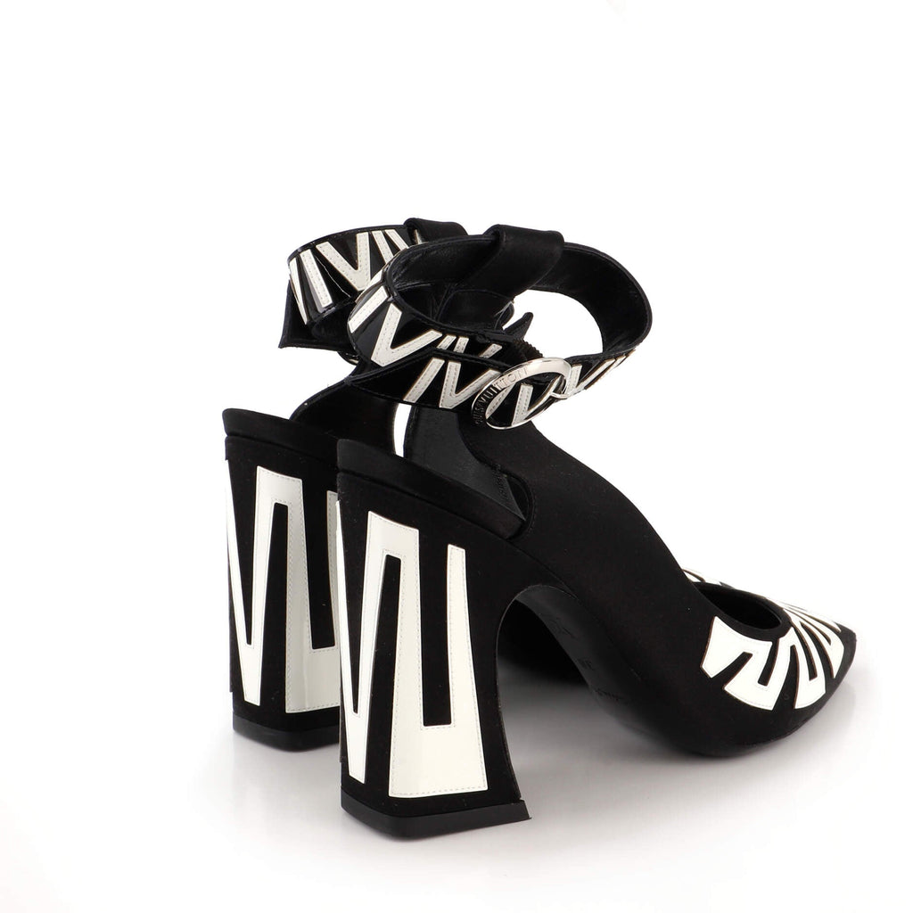 Women's Geometric Logo Ankle Strap Pumps Satin and Leather