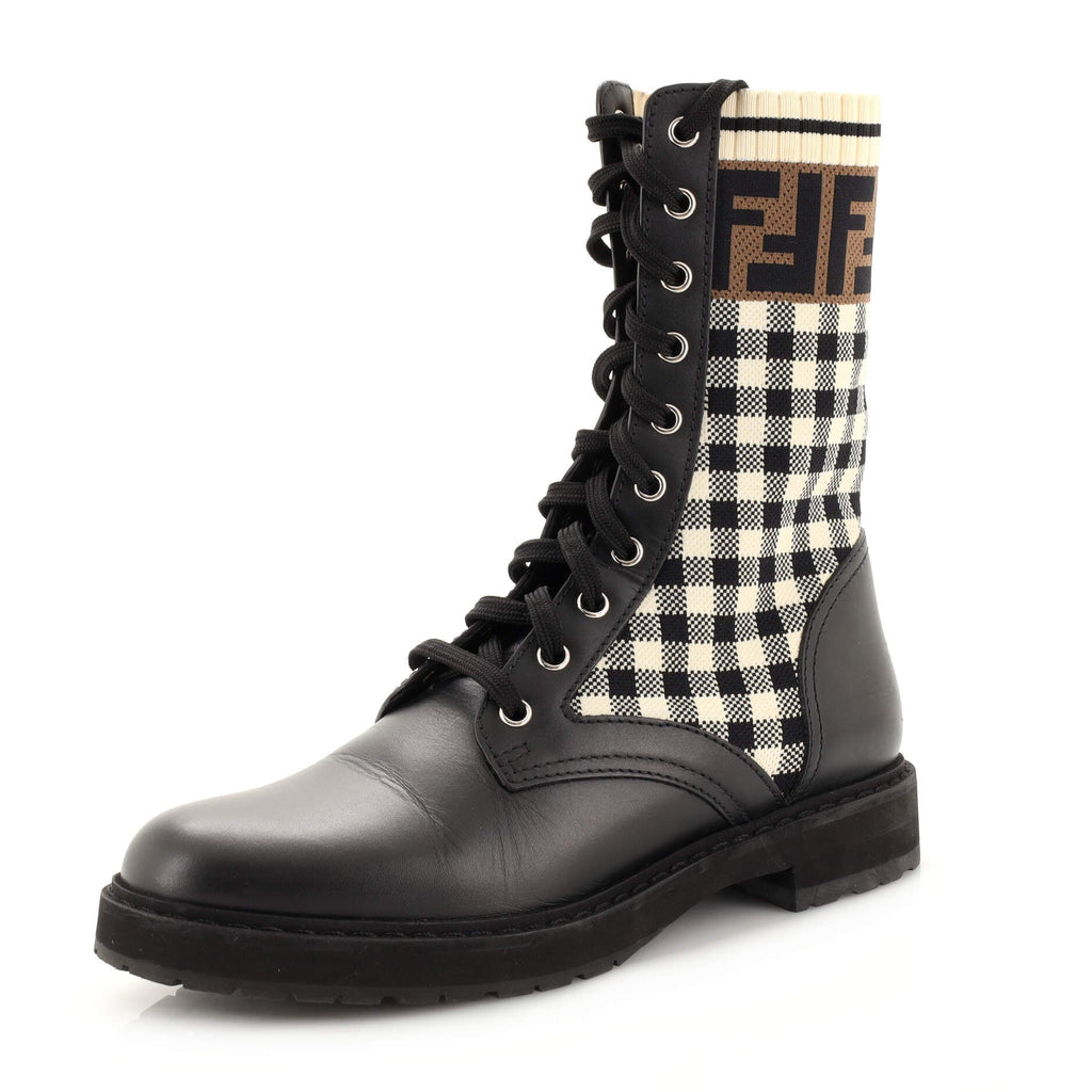 Women's Rockoko Combat Boots Leather and Zucca Knit Stretch Fabric