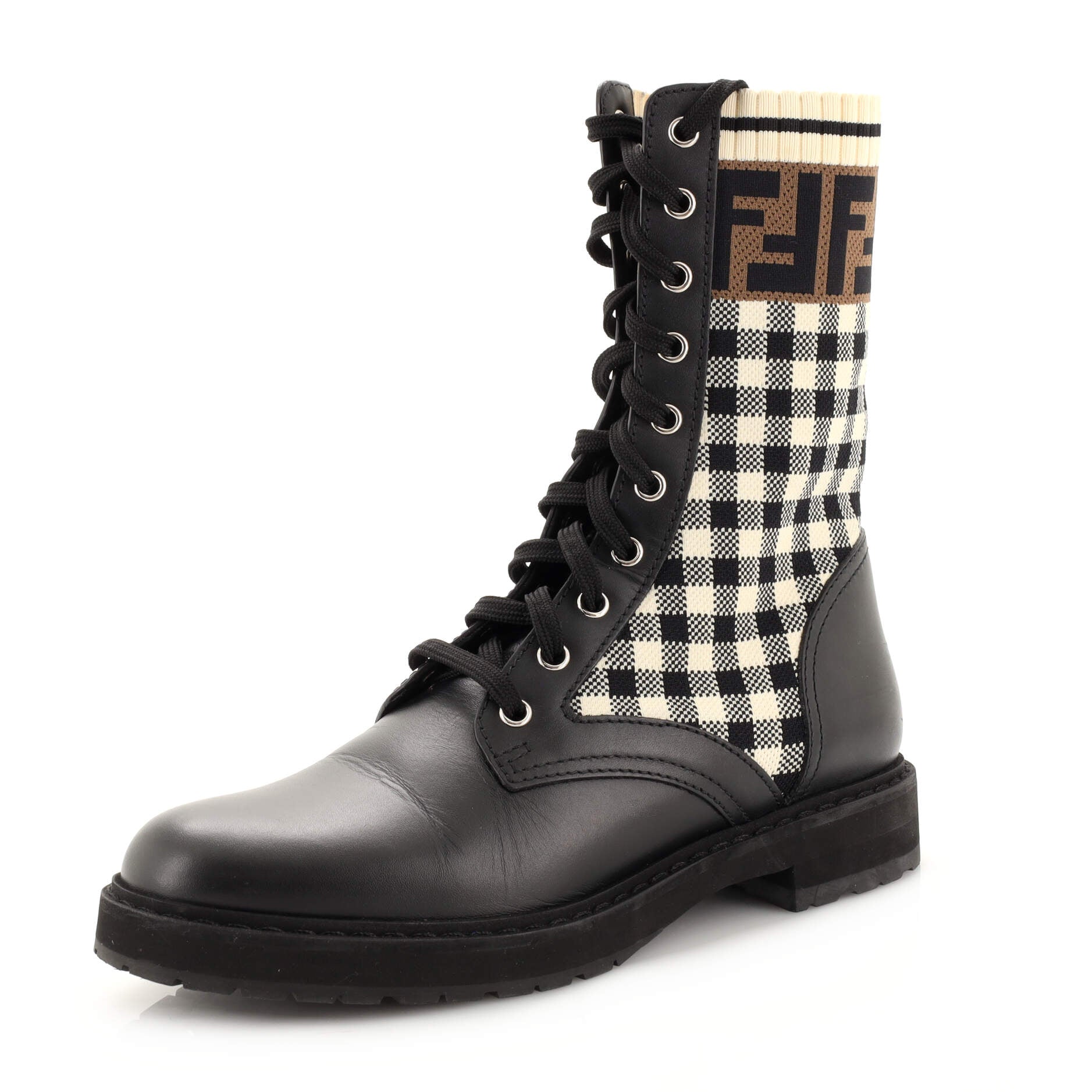 Women's Rockoko Combat Boots Leather and Zucca Knit Stretch Fabric