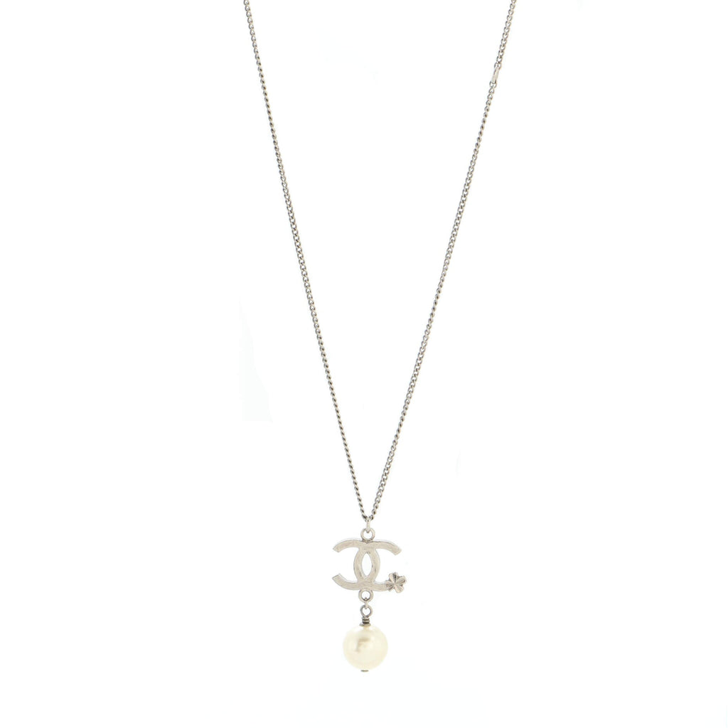 CC Clover Pearl Drop Pendant Necklace Metal and Faux Pearl