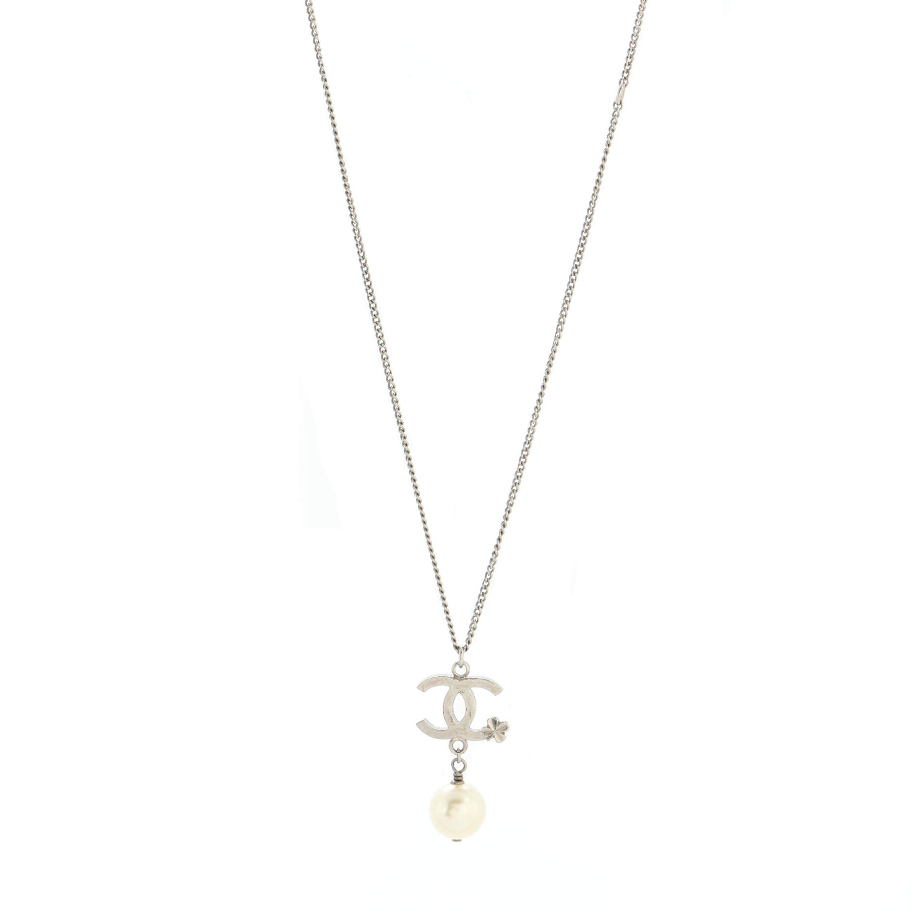 CC Clover Pearl Drop Pendant Necklace Metal and Faux Pearl