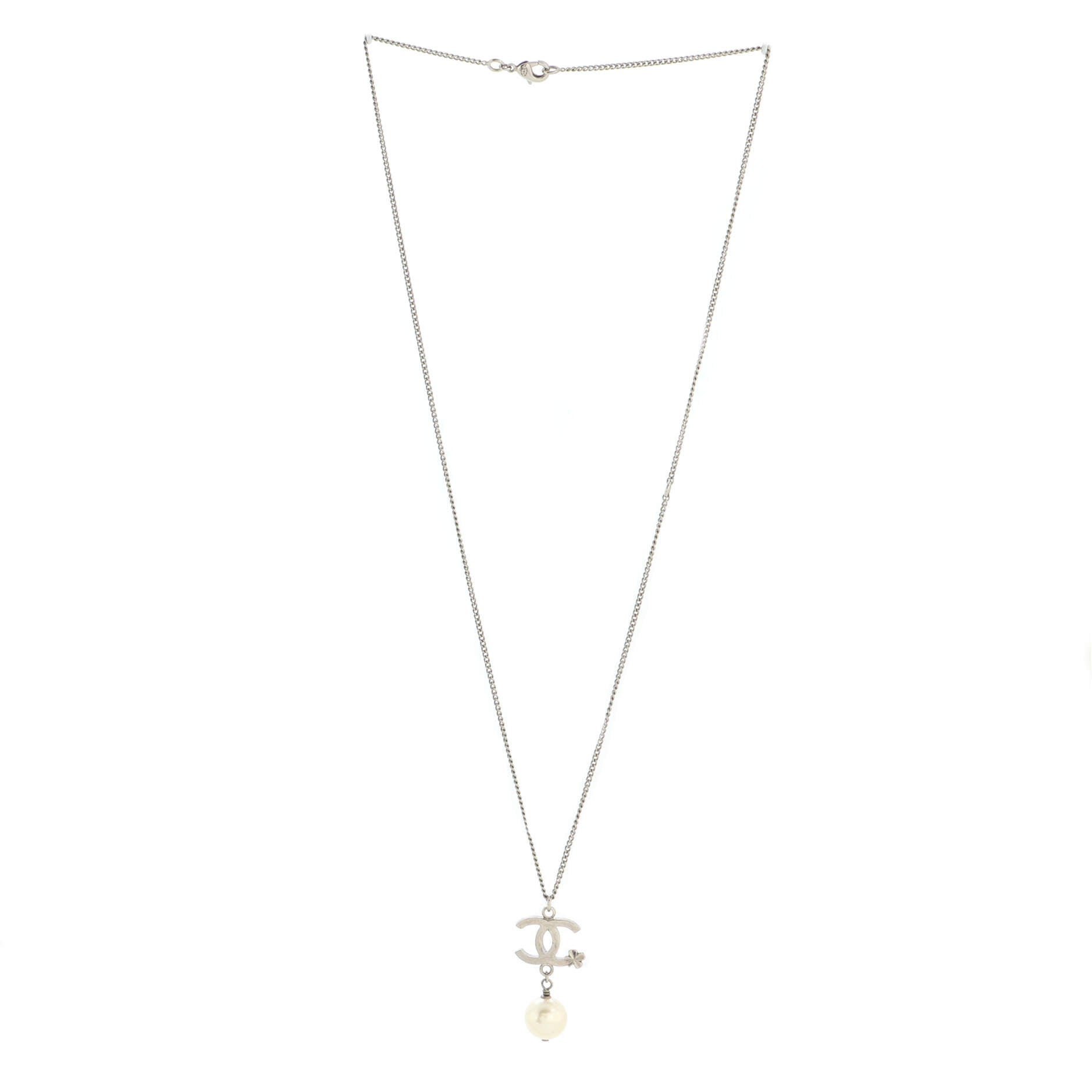 CC Clover Pearl Drop Pendant Necklace Metal and Faux Pearl