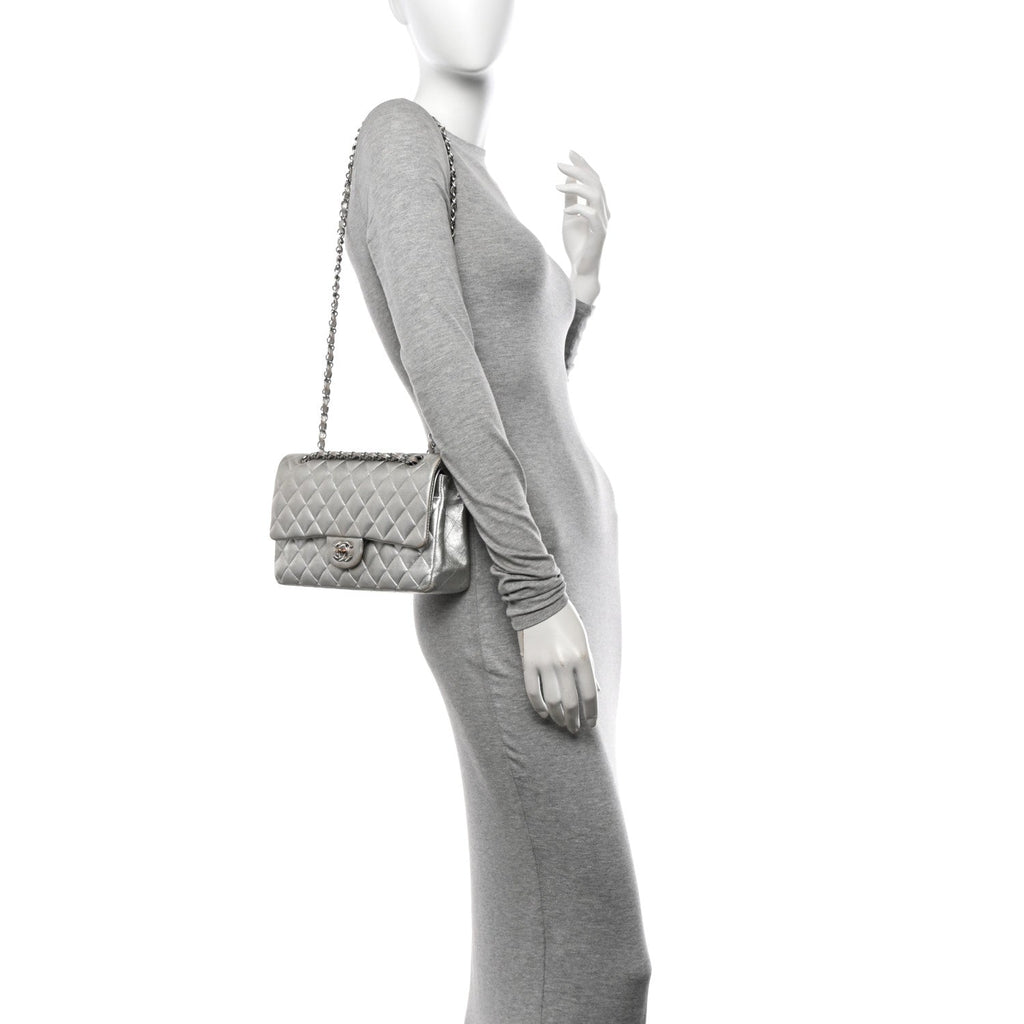 Metallic Lambskin Quilted Medium Double Flap Silver