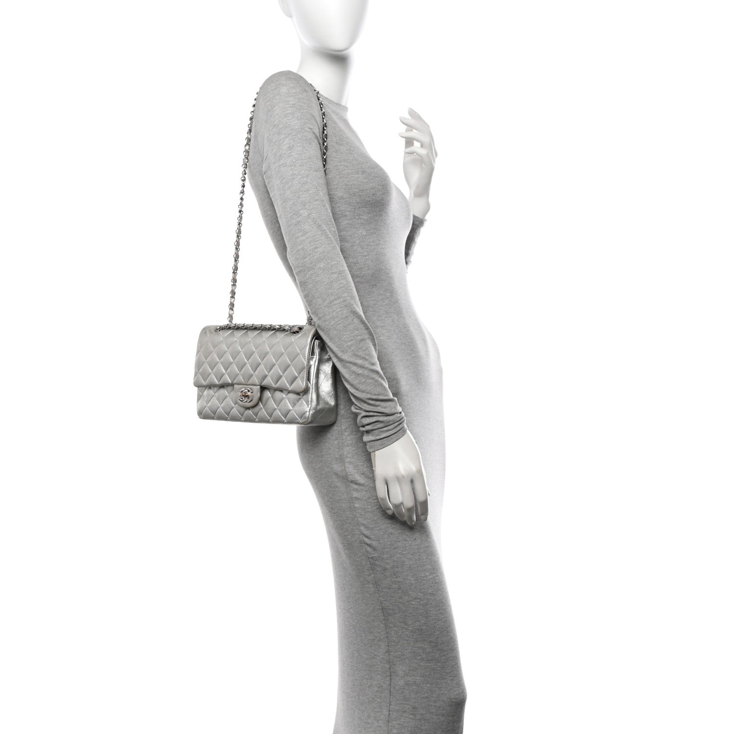 Metallic Lambskin Quilted Medium Double Flap Silver