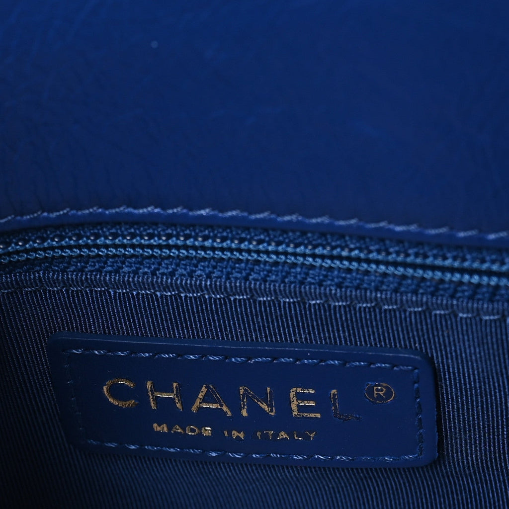 Metallic Aged Calfskin Quilted Drawstring Shopping Tote Blue