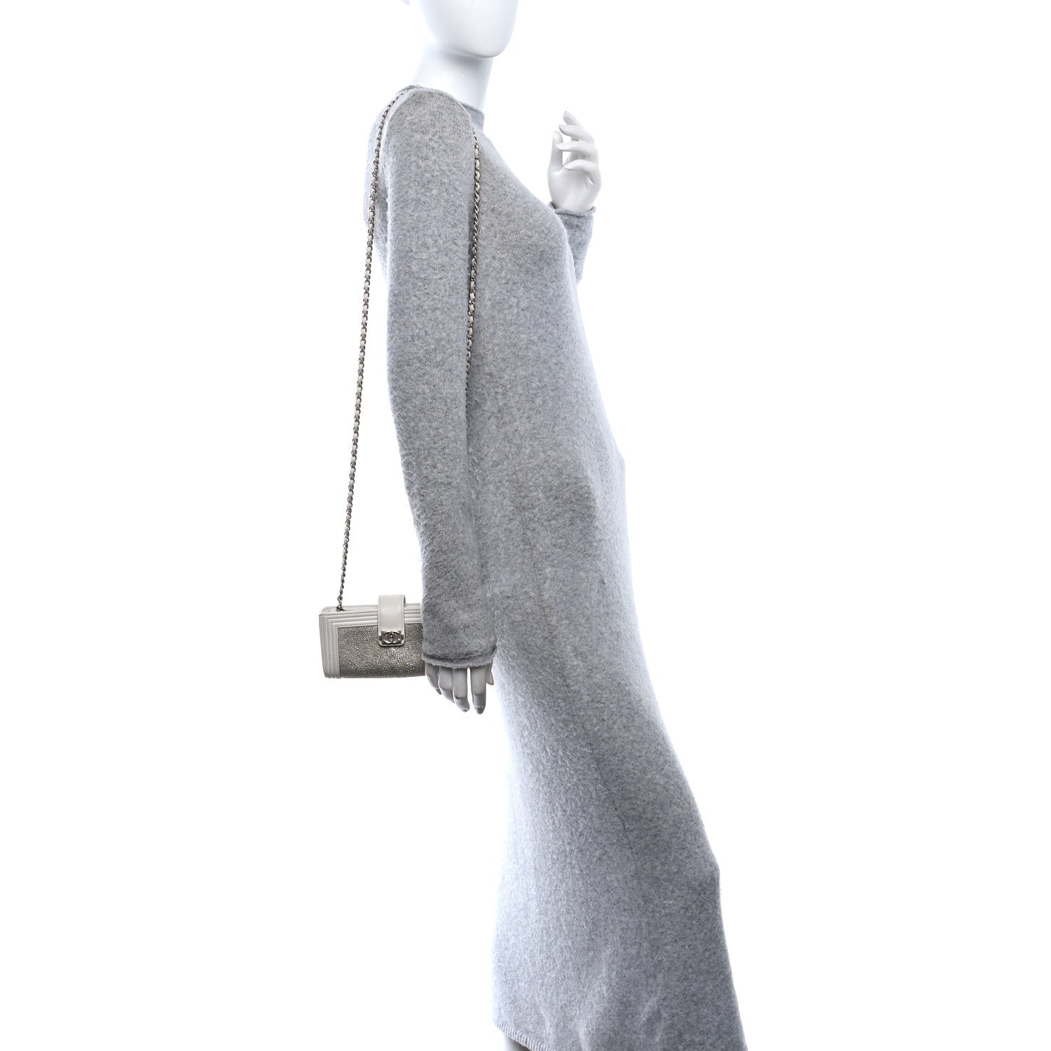 Metallic Galuchat Stingray Lambskin Mini Clutch With Removable Chain Silver