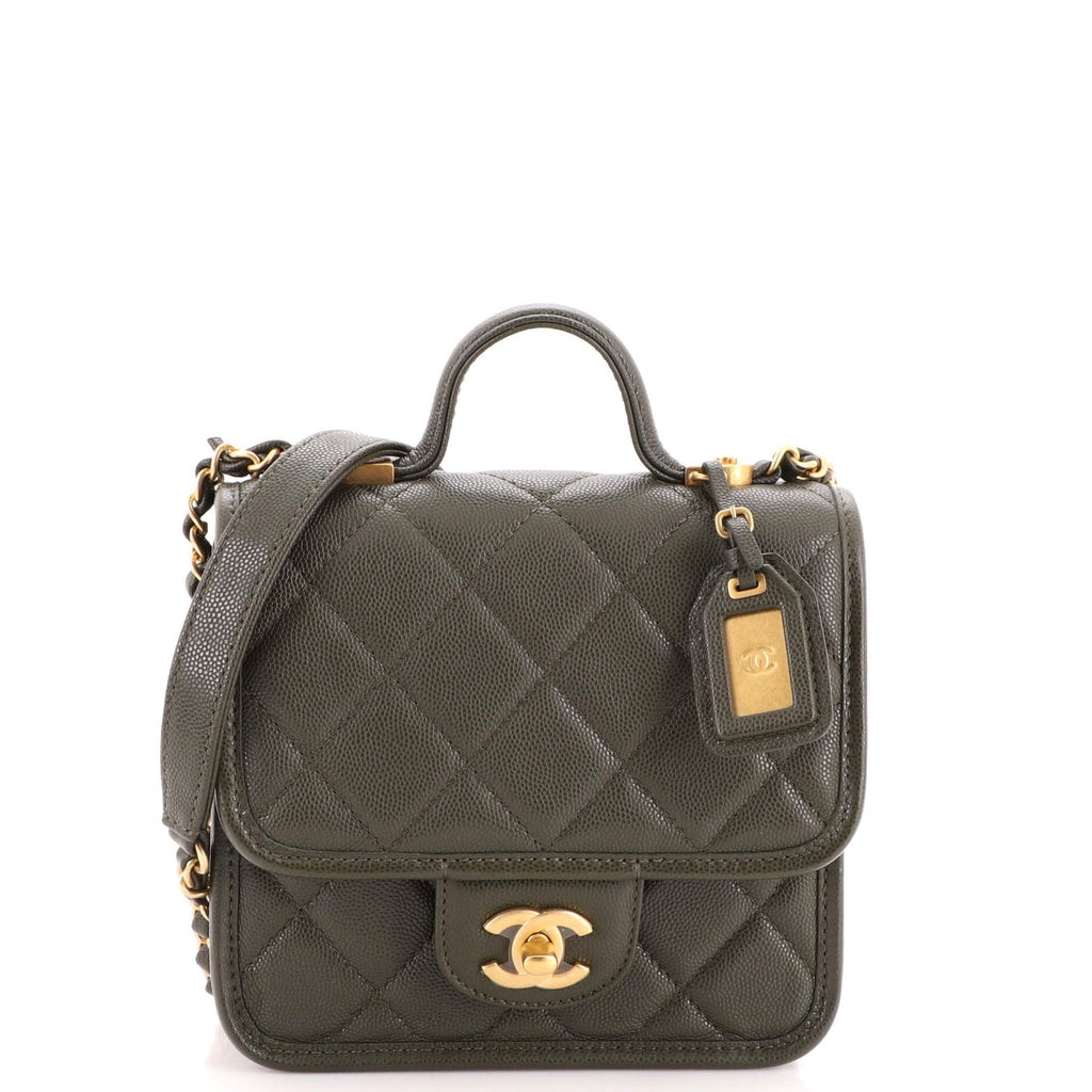 School Memory Top Handle Flap Bag Quilted Caviar Mini
