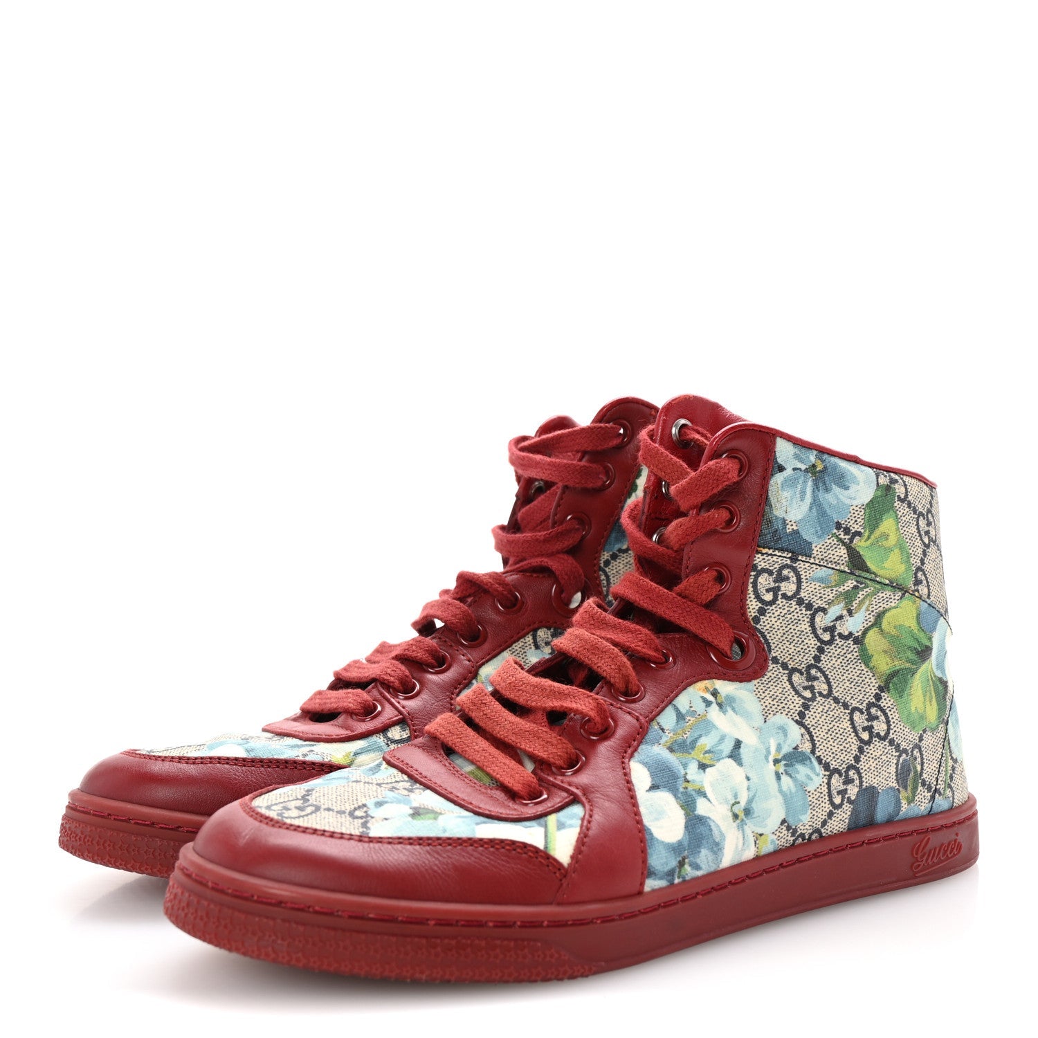GG Supreme Monogram Blooms Womens High Top Sneakers 36.5 Beige Blue Navy Red