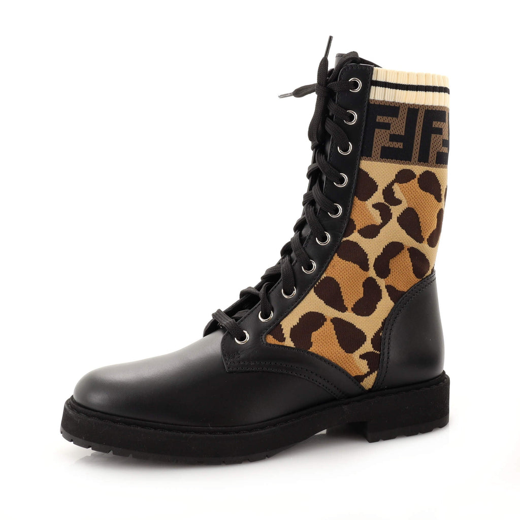 Women's Rockoko Combat Boots Leather with Printed Knit Stretch Fabric and Zucca Trim