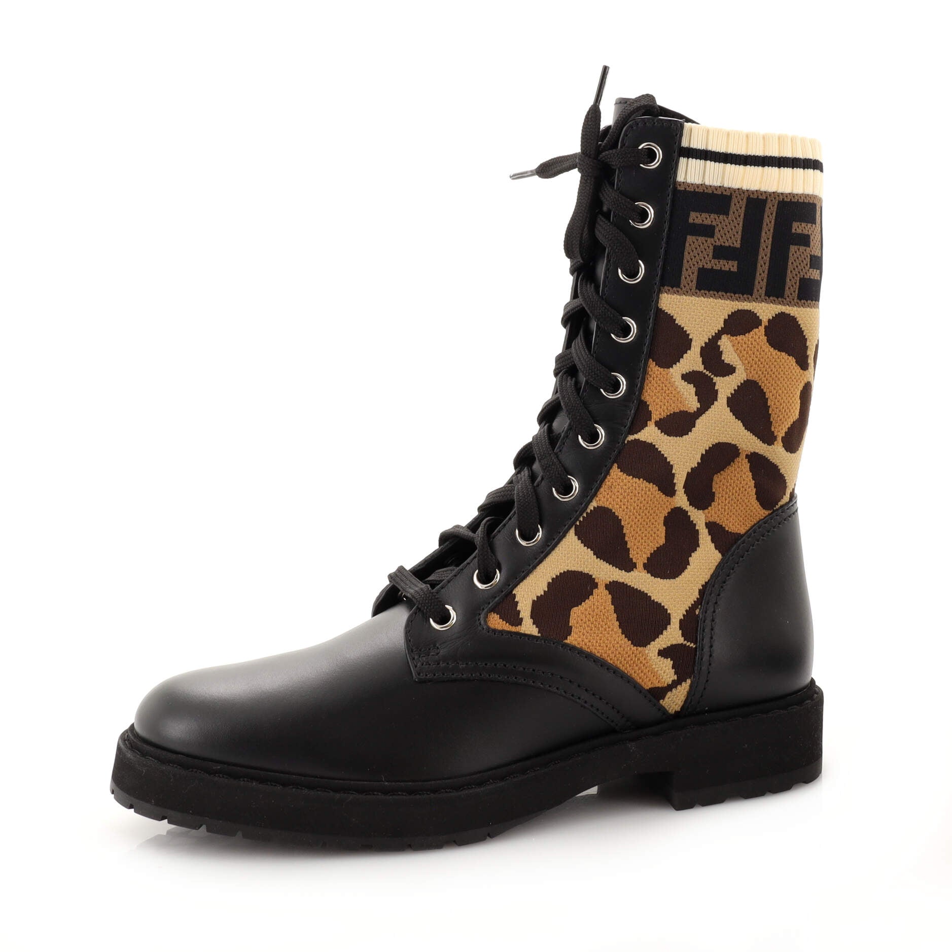 Women's Rockoko Combat Boots Leather with Printed Knit Stretch Fabric and Zucca Trim