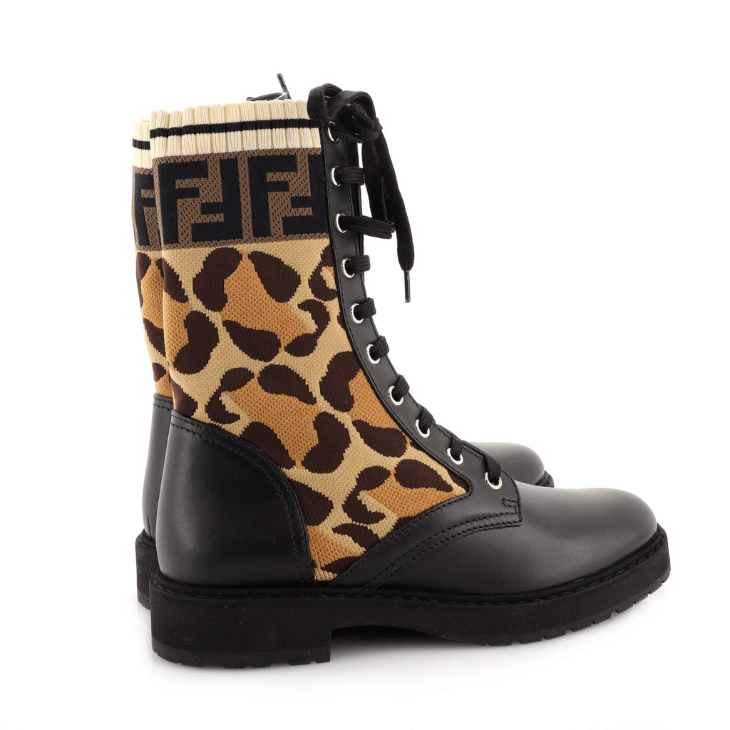Women's Rockoko Combat Boots Leather with Printed Knit Stretch Fabric and Zucca Trim