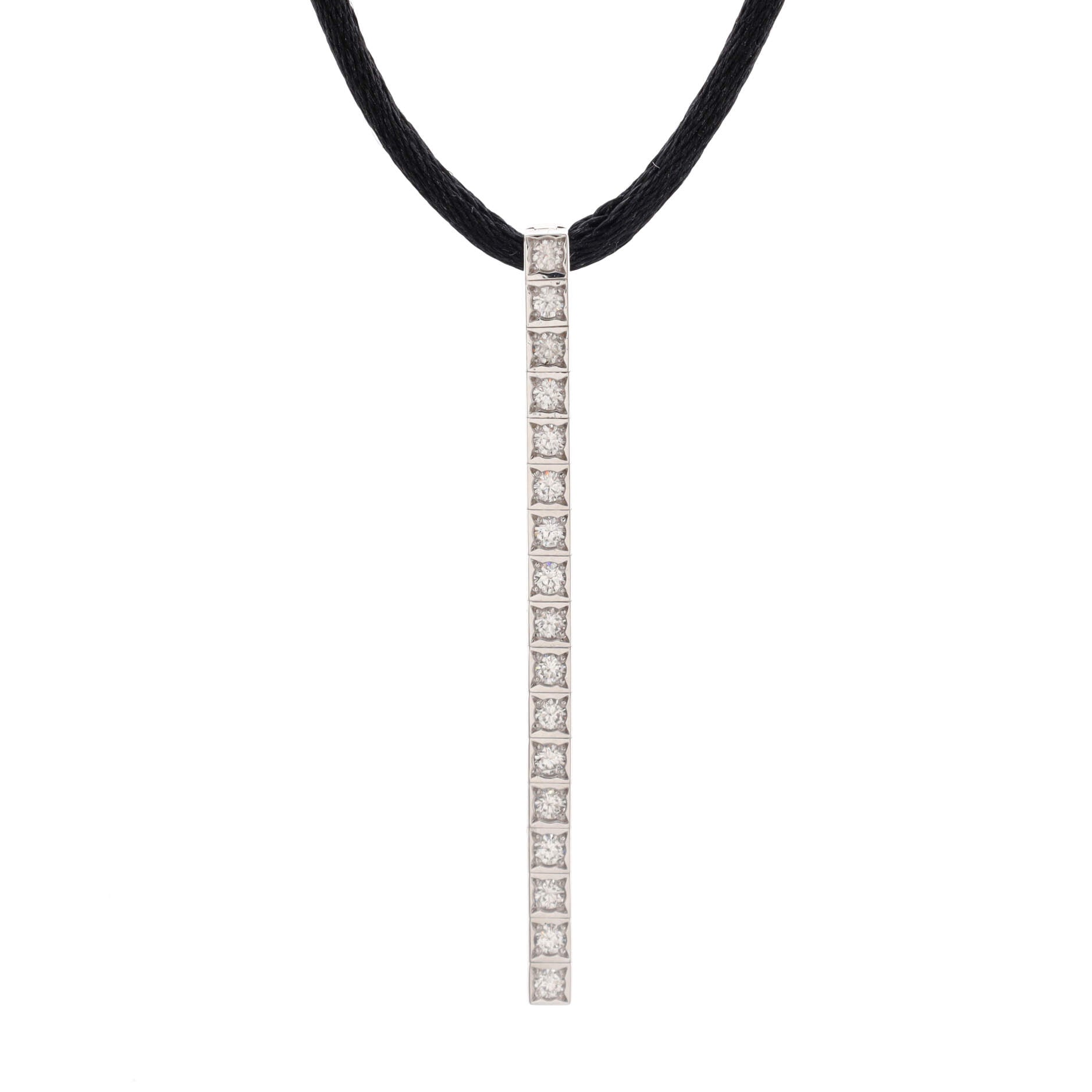 Lanieres Bar Pendant Necklace 18K White Gold with Diamonds and Cord