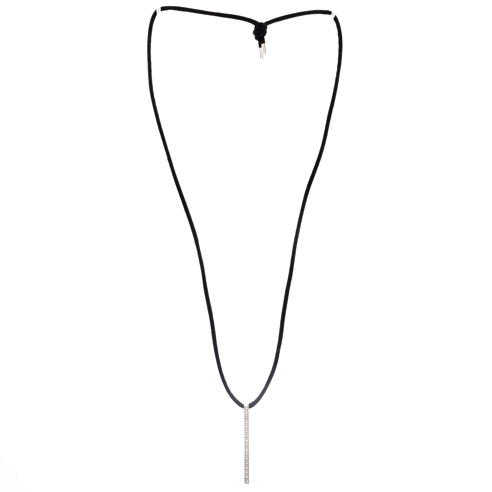 Lanieres Bar Pendant Necklace 18K White Gold with Diamonds and Cord