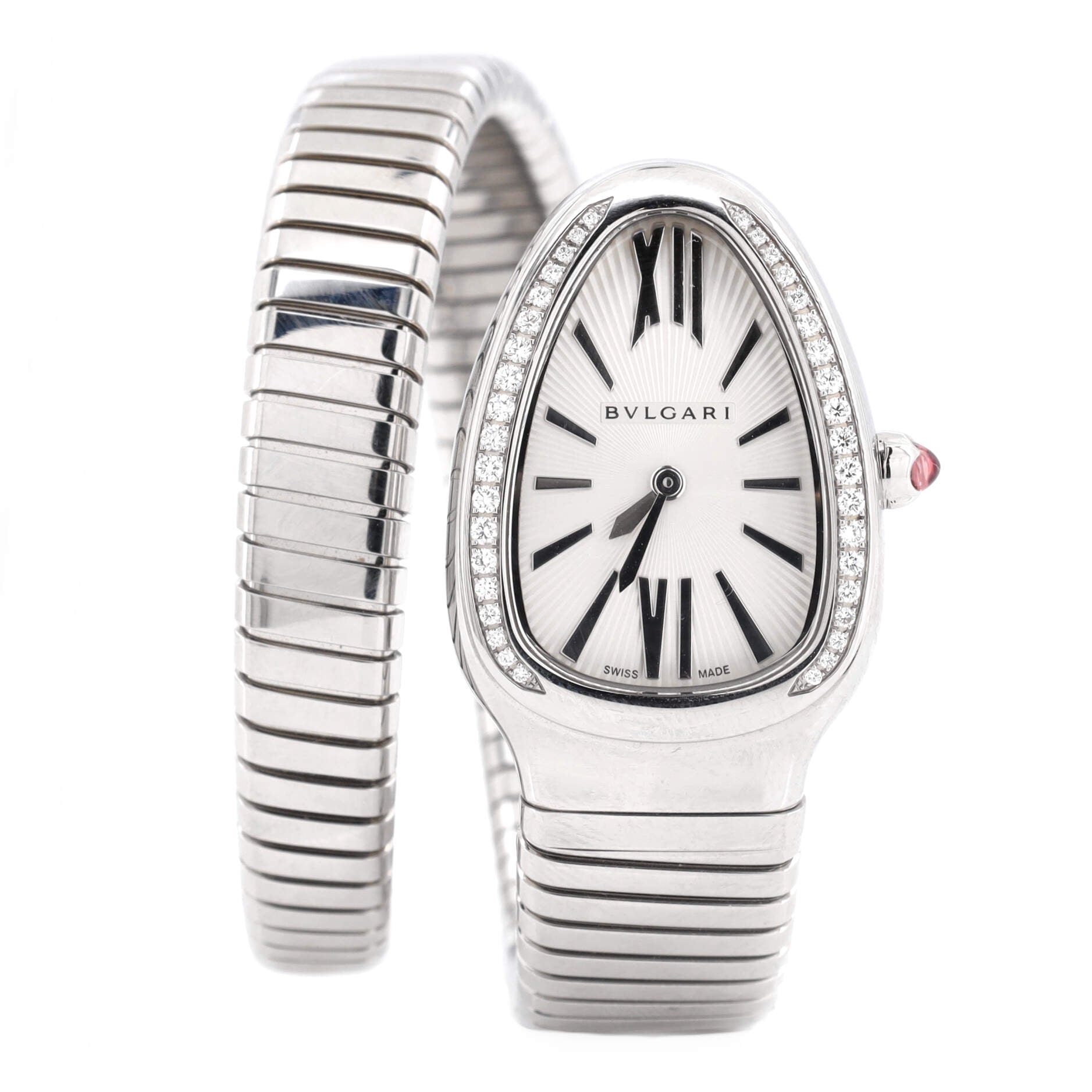 Serpenti Tubogas Single Spiral Quartz Watch Stainless Steel with Diamond Bezel 23