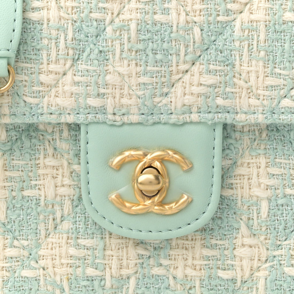 Tweed Handle Crush Top Handle Flap Bag Light Blue Ecru