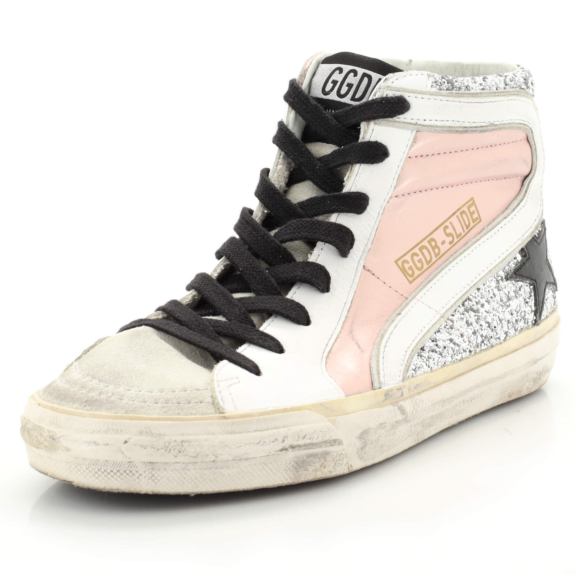Women's Slide Double Quarter Sneakers Glitter and Leather with Suede