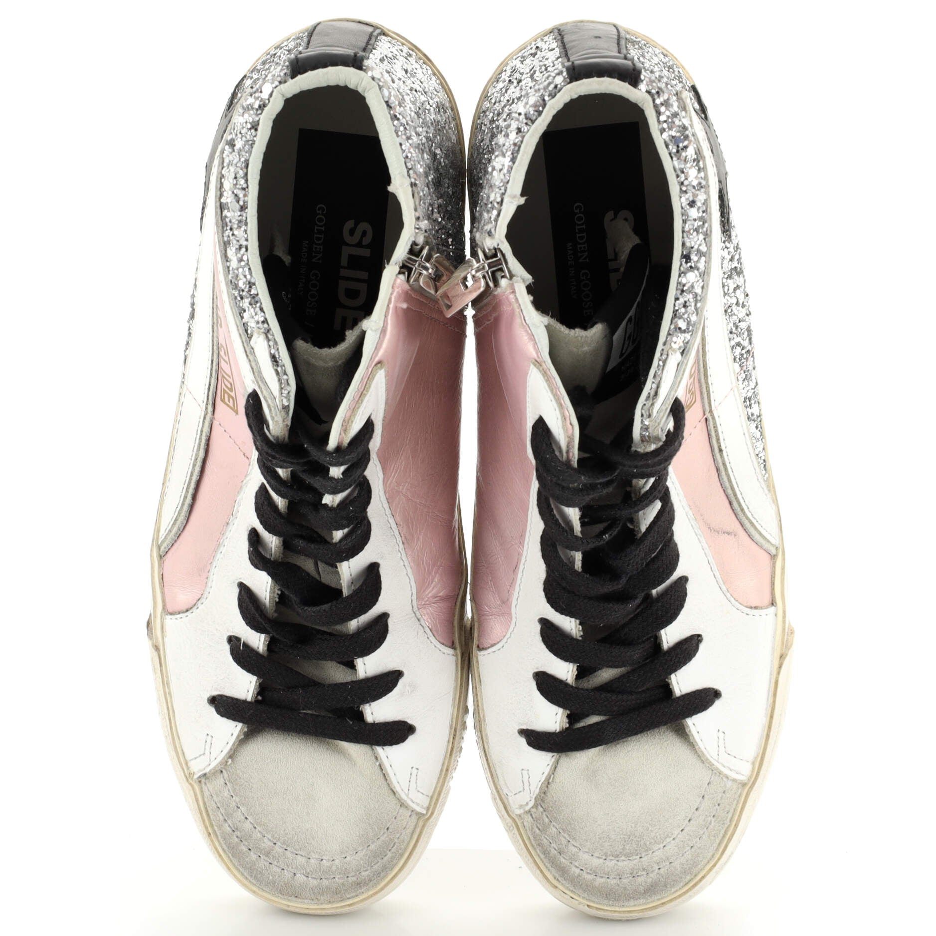 Women's Slide Double Quarter Sneakers Glitter and Leather with Suede