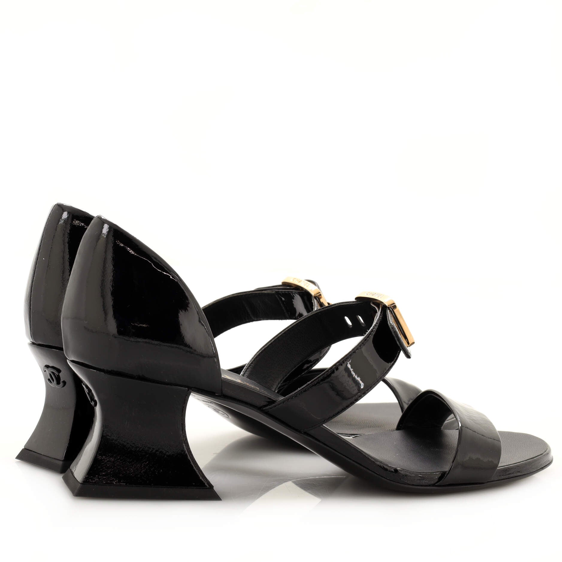 Women's CC Buckle Block Heeled Sandals Patent