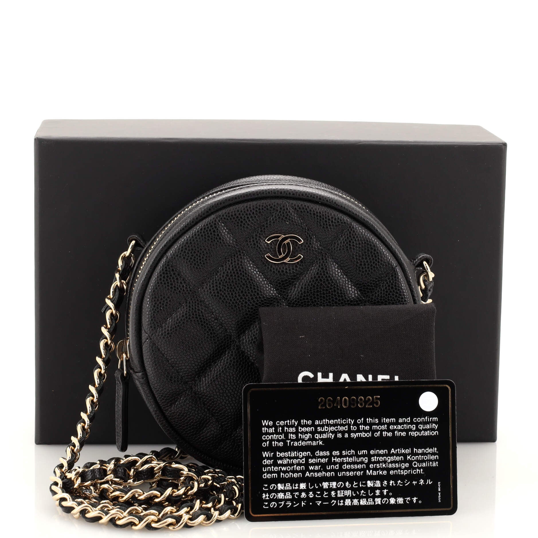 Round Clutch with Chain Quilted Caviar Mini