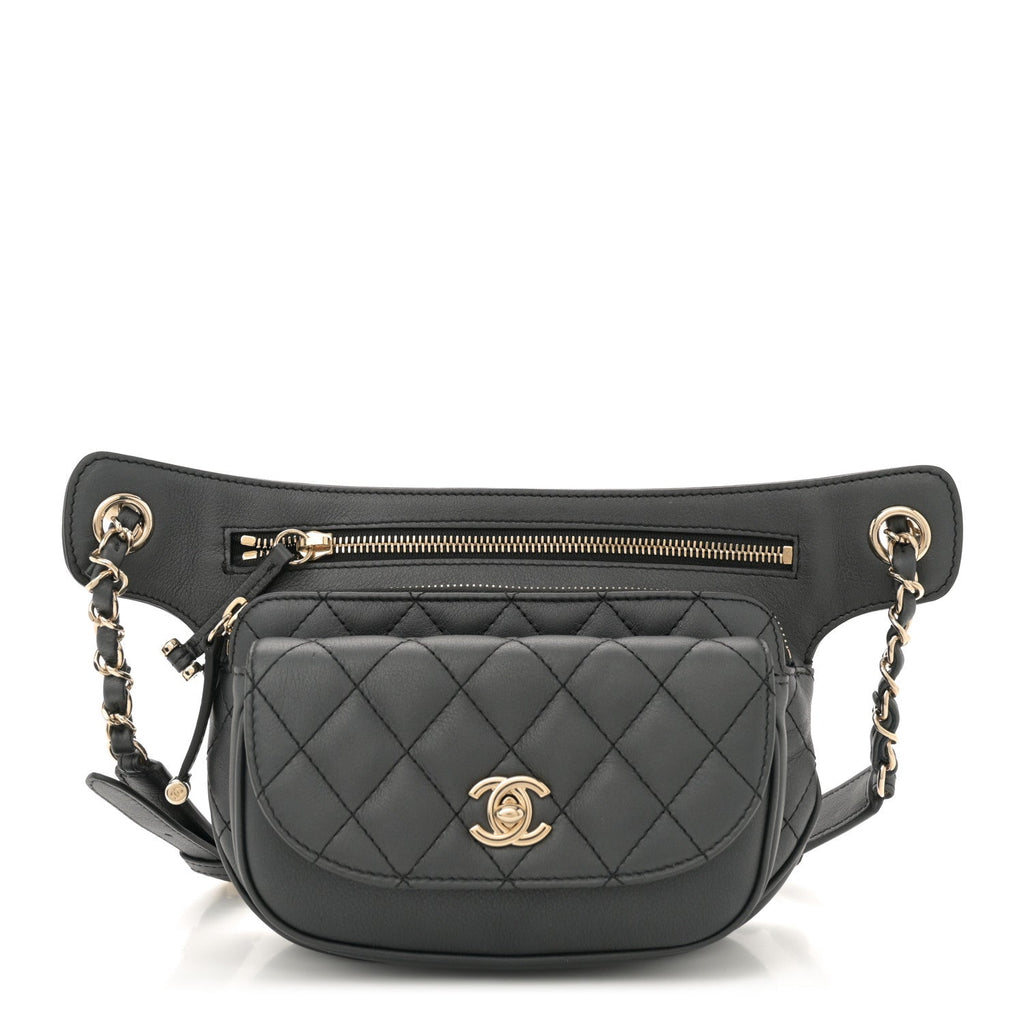 Metallic Calfskin Flap Chain Waist Bag Ruthenium