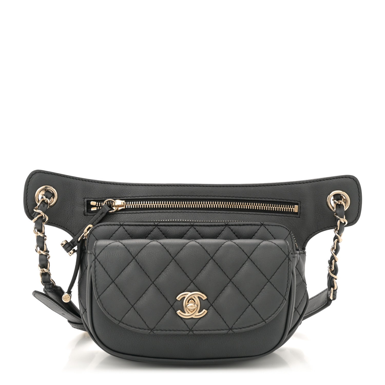 Metallic Calfskin Flap Chain Waist Bag Ruthenium