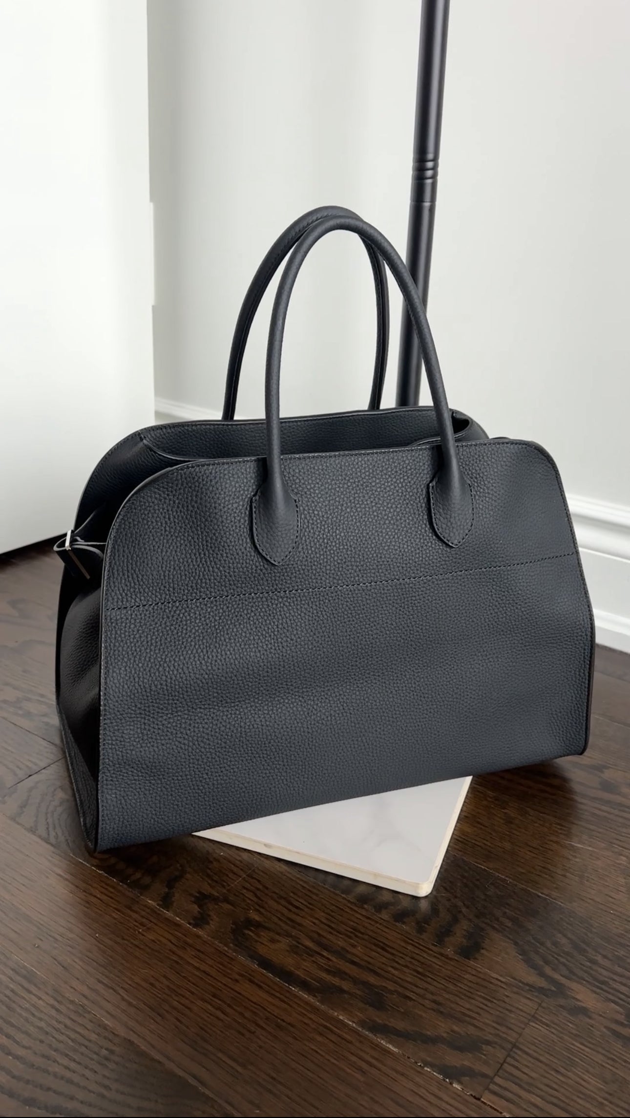 The Row Black Matte Grained Leather Soft Margaux 15 Tote Bag