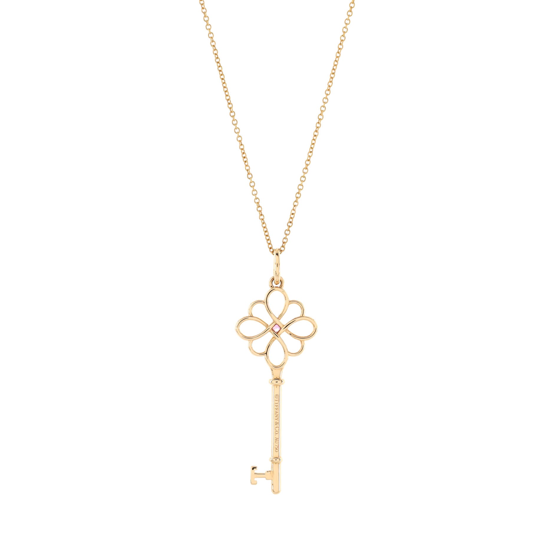 Knot Key Pendant Necklace 18K Rose Gold with Pink Sapphire