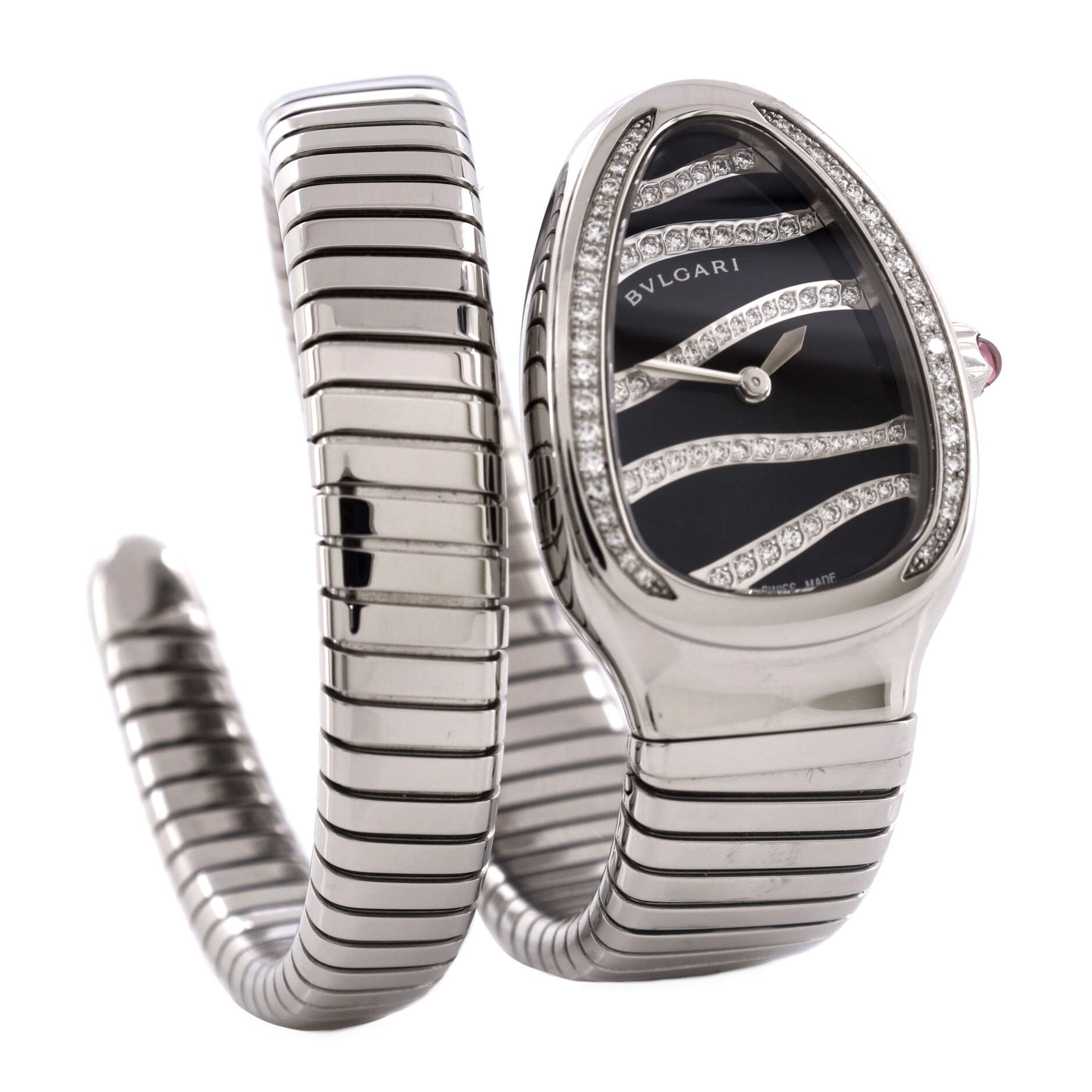 Serpenti Tubogas Single Spiral Quartz Watch Stainless Steel with Diamond Bezel and Dial 23