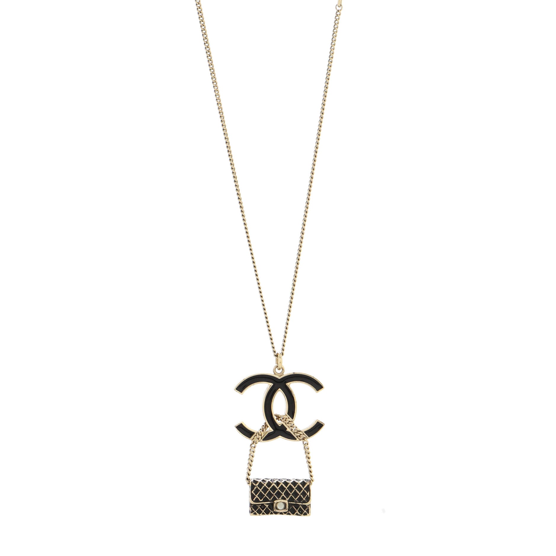 CC Flap Bag Pendant Long Necklace Metal and Enamel