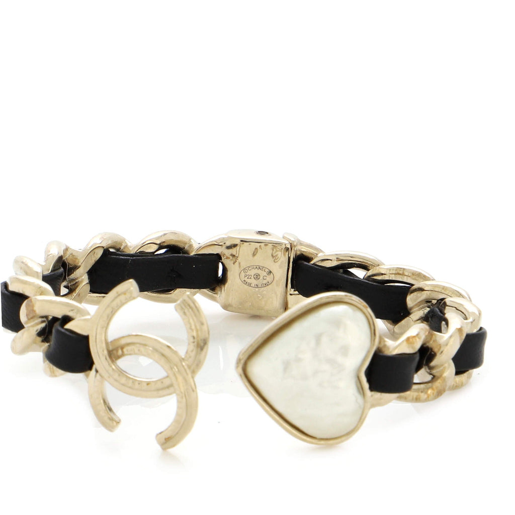 CC Heart Woven Chain Cuff Bracelet Metal and Leather with Resin