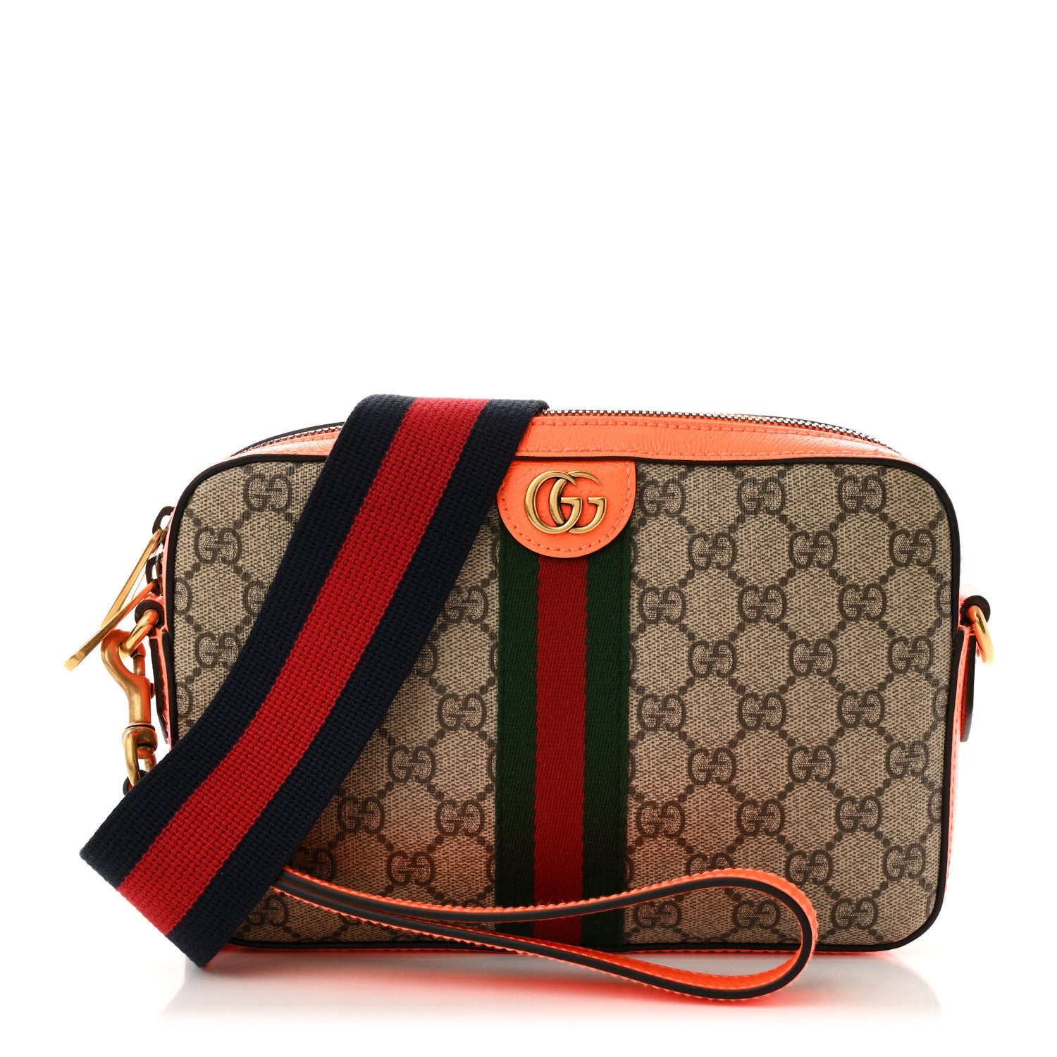 GG Supreme Monogram Textured Dollar Calfskin Web Ophidia Wristlet Shoulder Bag Beige Ebony Orange