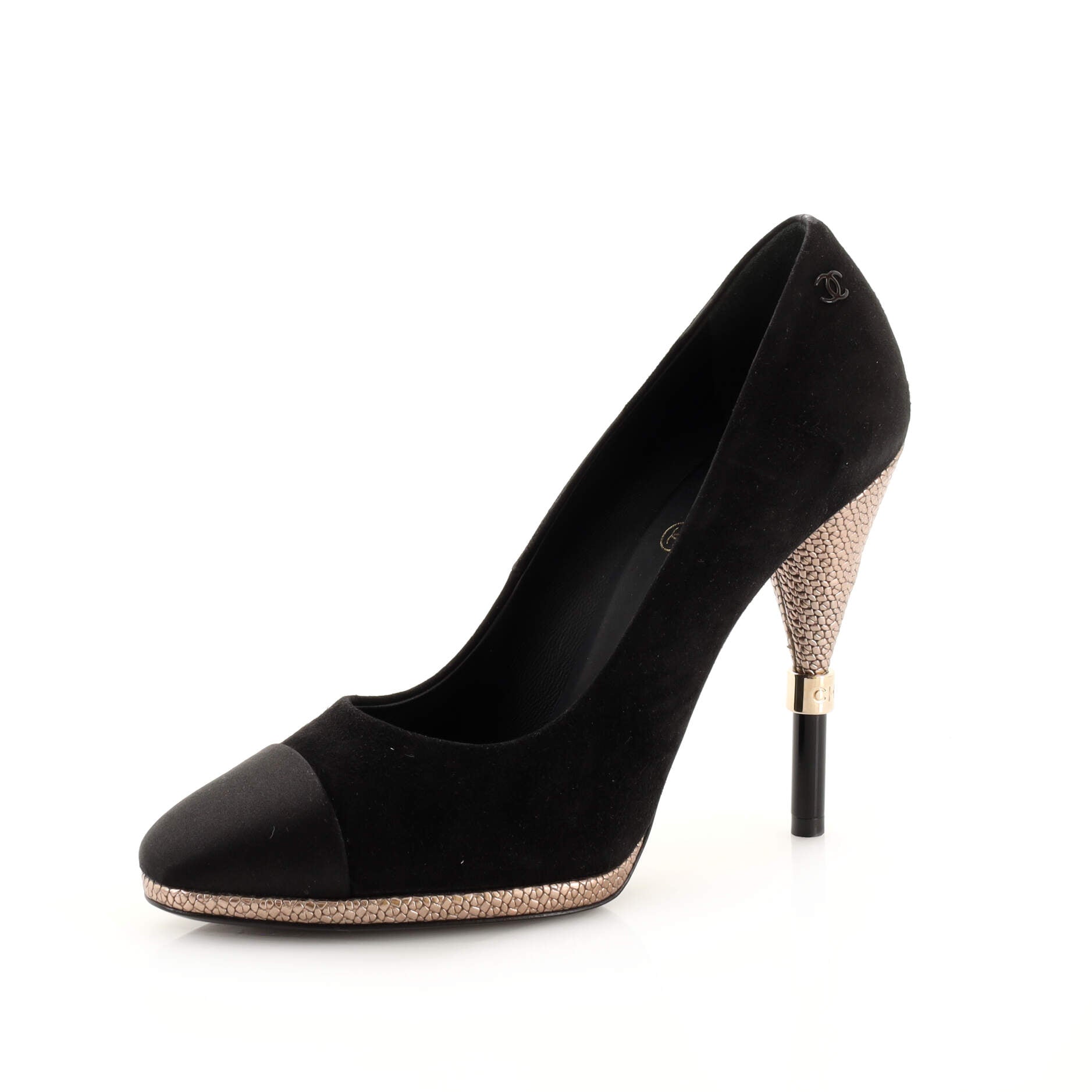Women's CC Cap Toe Logo Heel Pumps Suede with Satin and Embossed Leather
