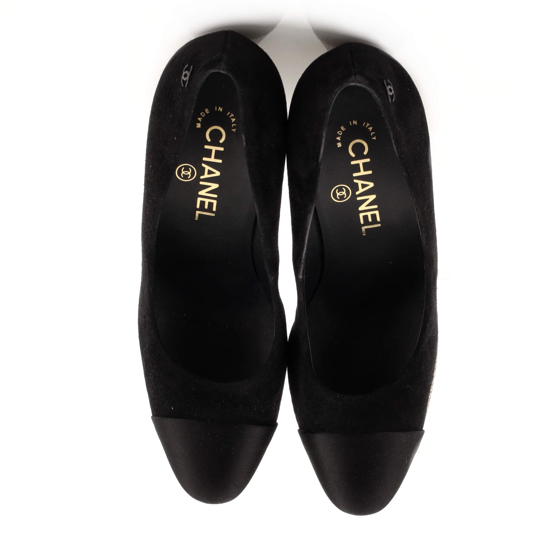 Women's CC Cap Toe Logo Heel Pumps Suede with Satin and Embossed Leather