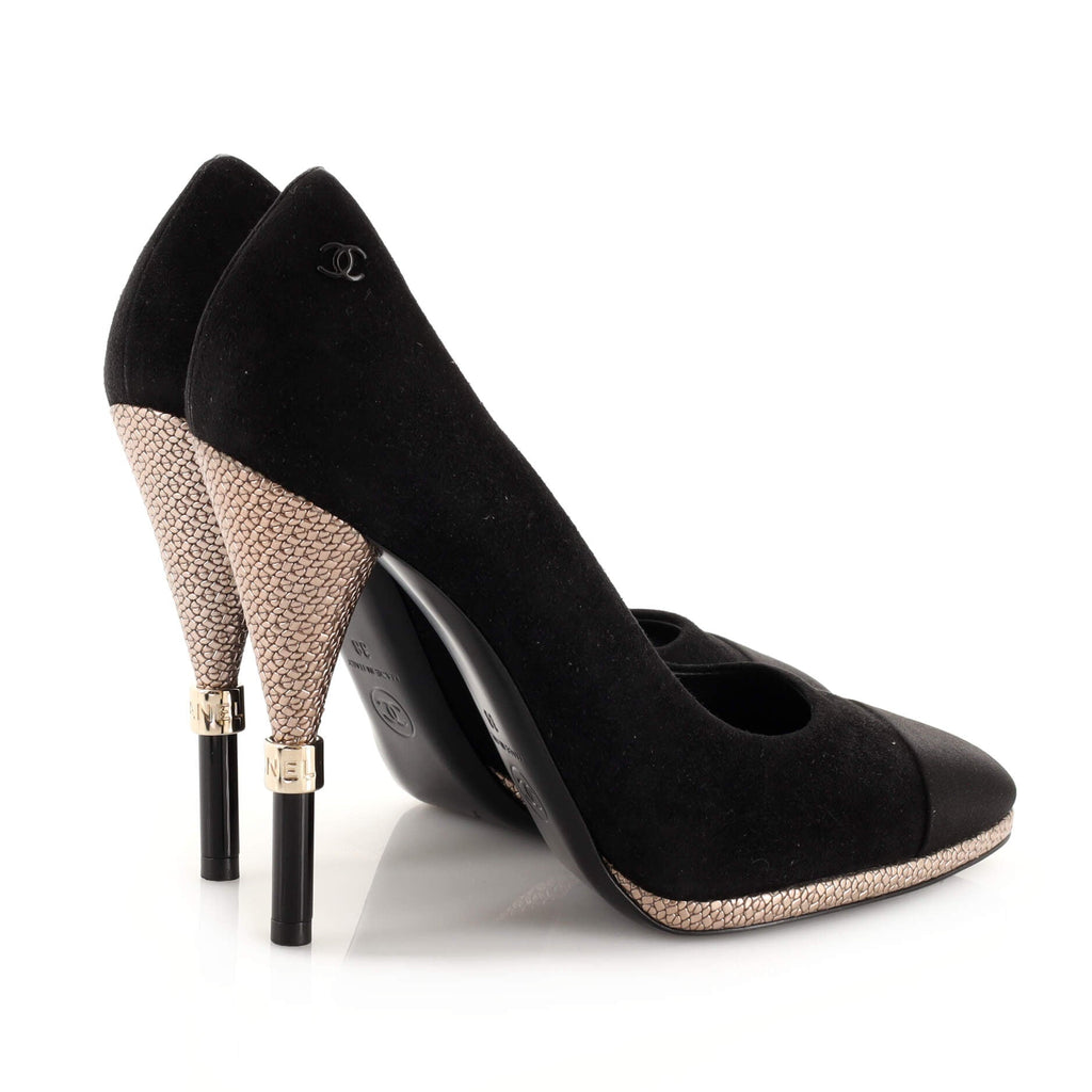 Women's CC Cap Toe Logo Heel Pumps Suede with Satin and Embossed Leather