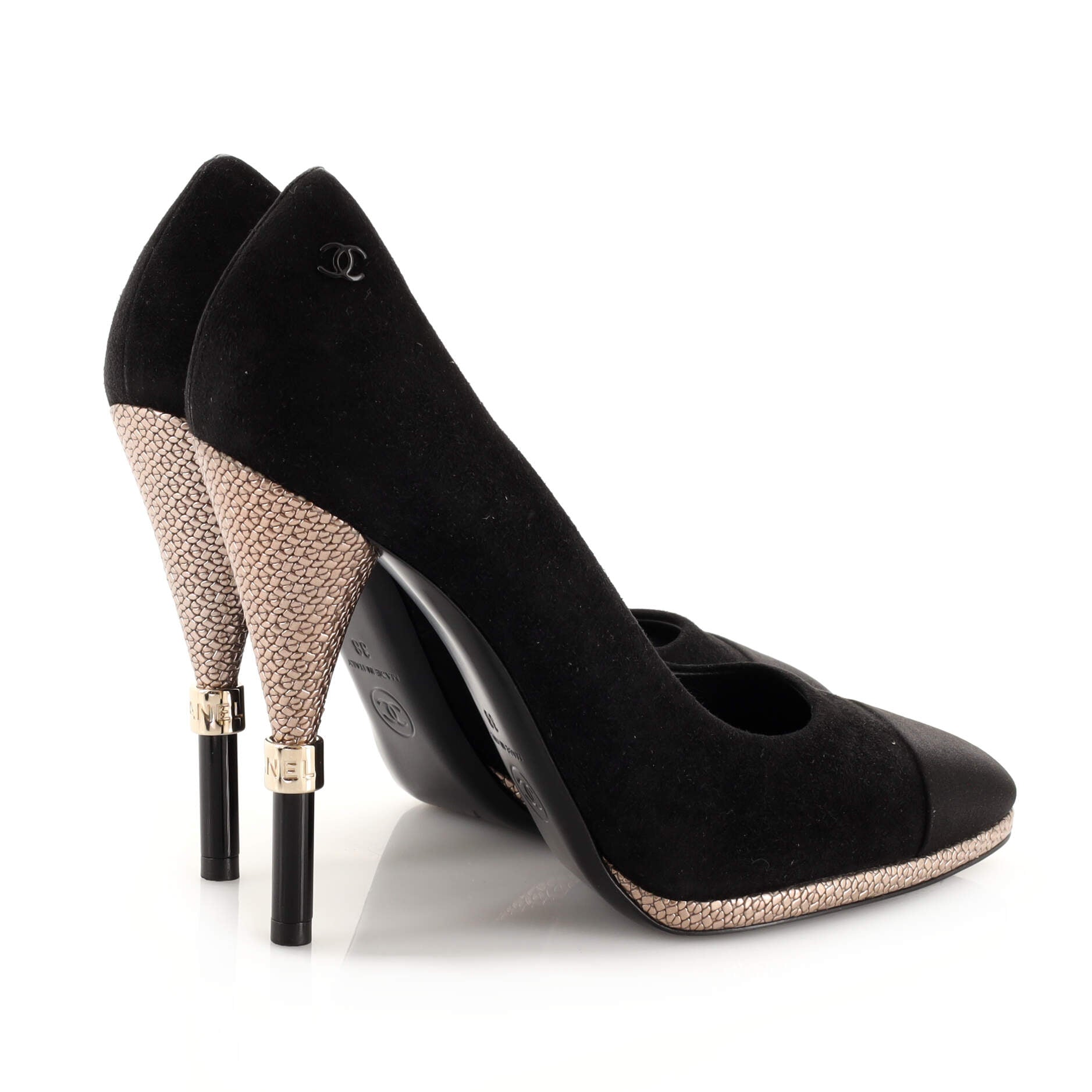 Women's CC Cap Toe Logo Heel Pumps Suede with Satin and Embossed Leather